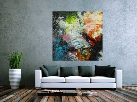 Abstraktes Original Gemälde 130x130cm Action Painting Modern Art handgefertigt Mischtechnik schwarz beige anthrazit Einzelstück