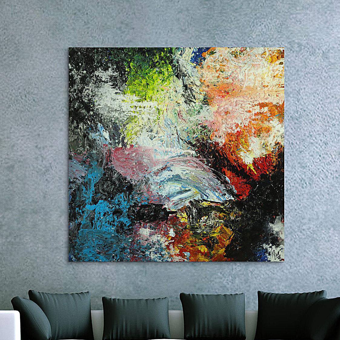 Abstraktes Original Gemälde 130x130cm Action Painting Modern Art handgefertigt Mischtechnik schwarz beige anthrazit Einzelstück