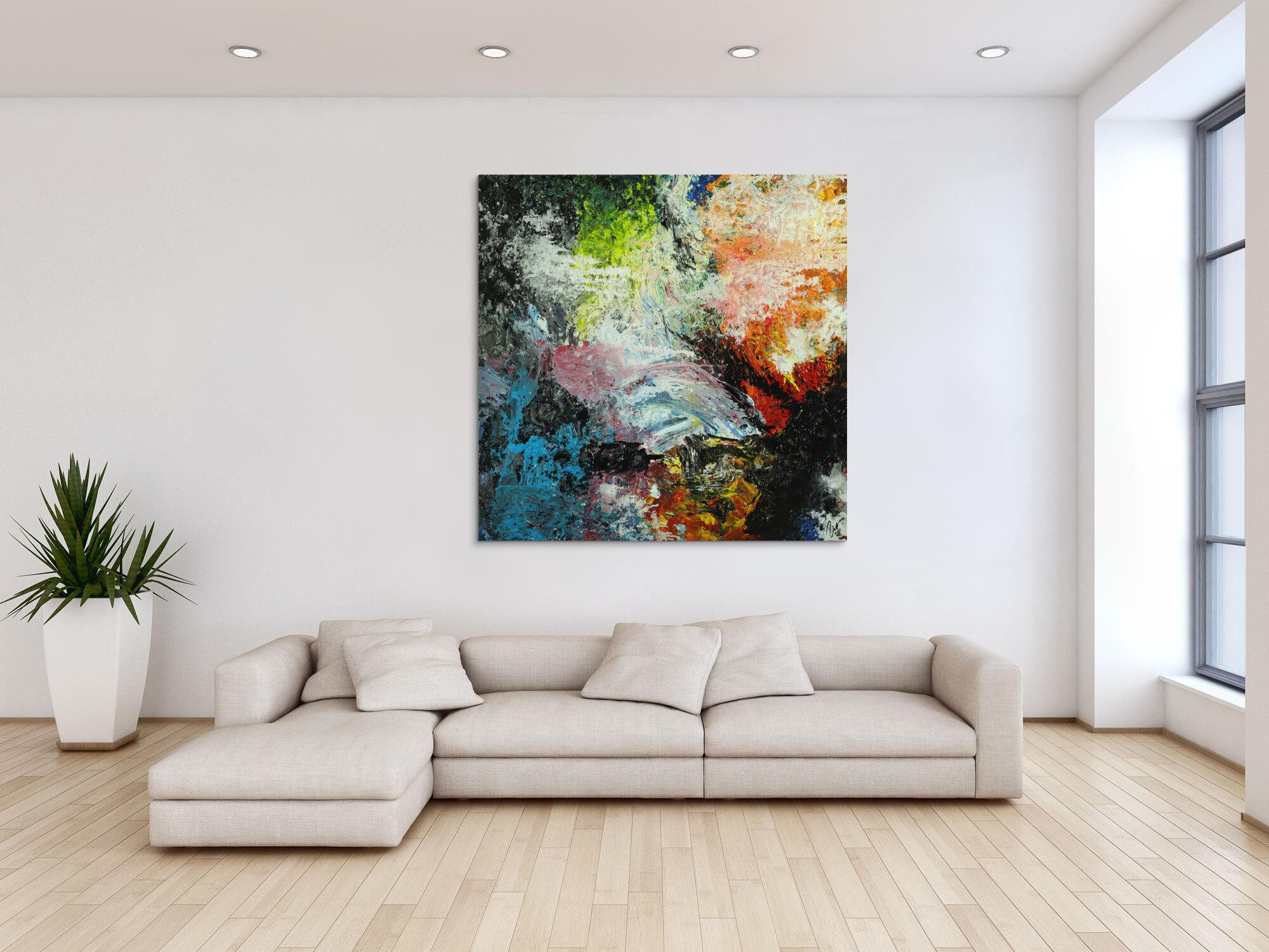 Abstraktes Original Gemälde 130x130cm Action Painting Modern Art handgefertigt Mischtechnik schwarz beige anthrazit Einzelstück