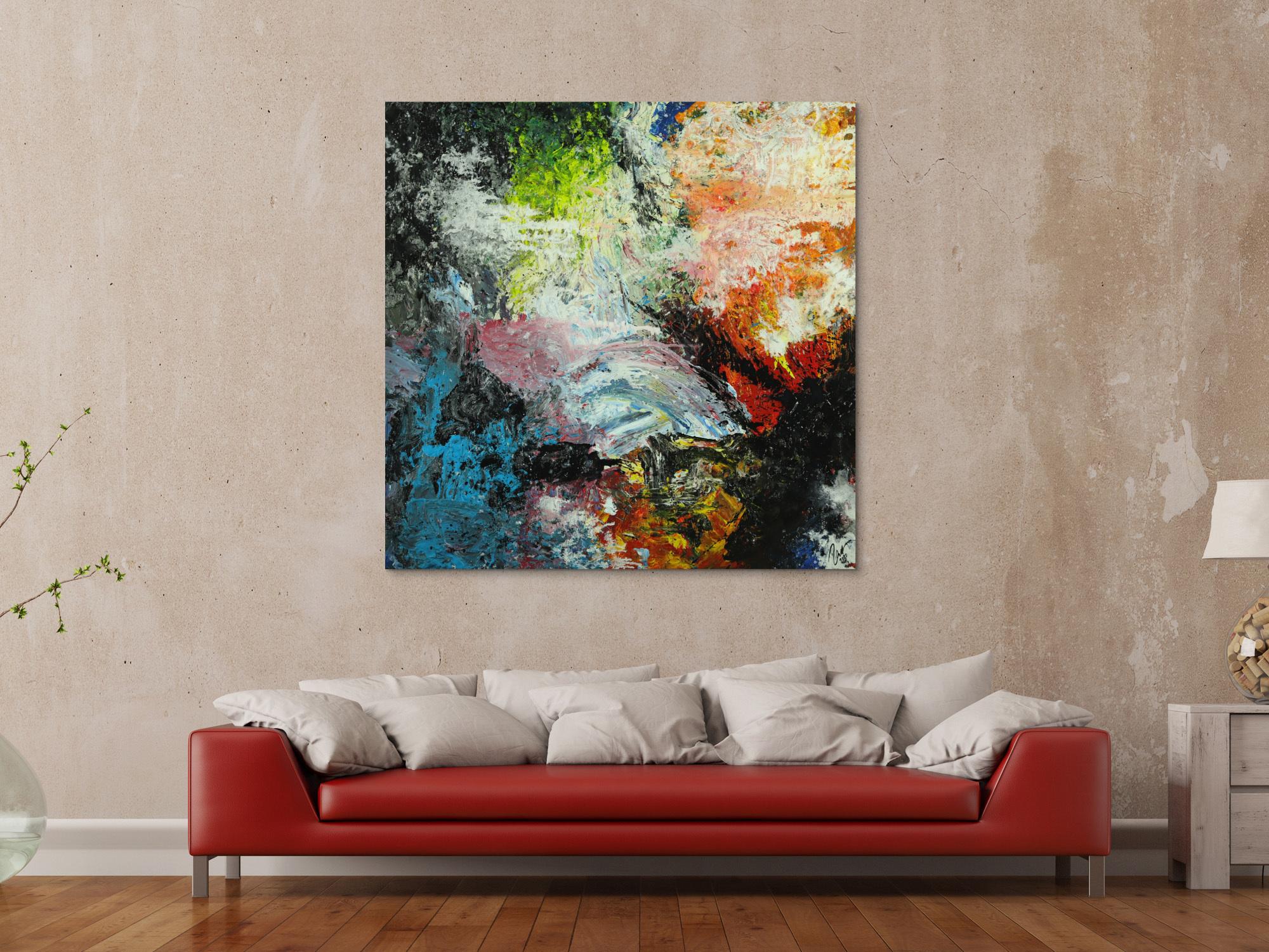 Abstraktes Original Gemälde 130x130cm Action Painting Modern Art handgefertigt Mischtechnik schwarz beige anthrazit Einzelstück