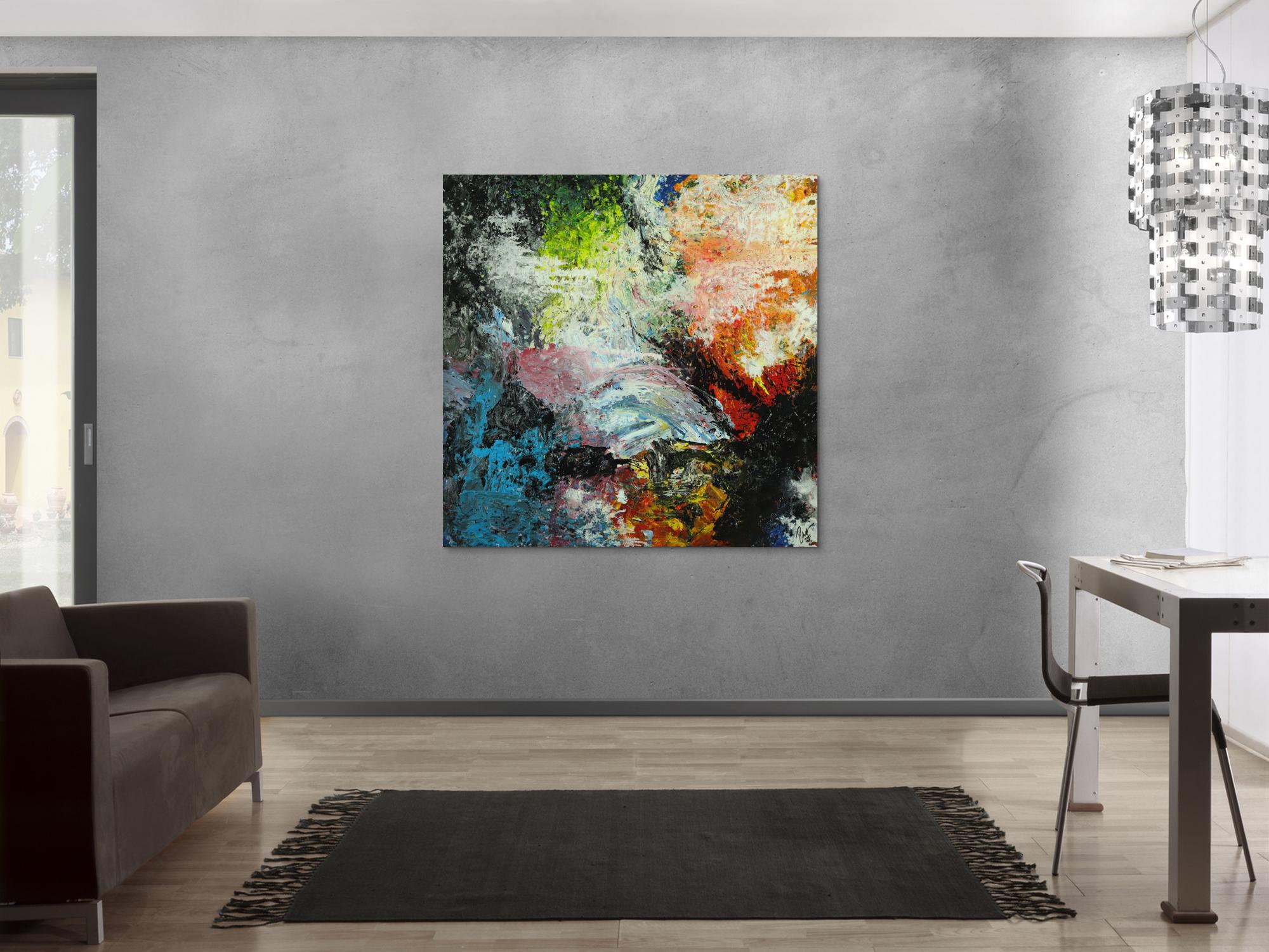 Abstraktes Original Gemälde 130x130cm Action Painting Modern Art handgefertigt Mischtechnik schwarz beige anthrazit Einzelstück