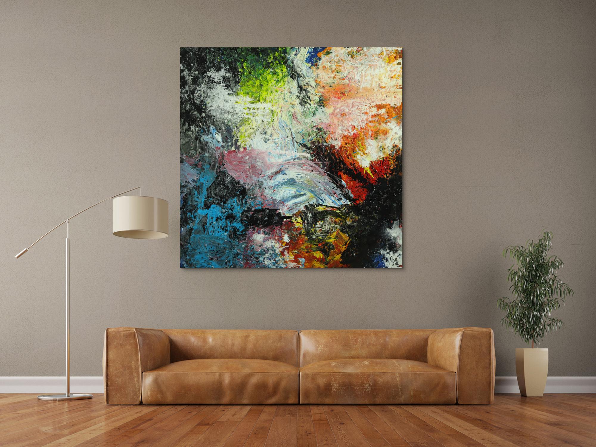 Abstraktes Original Gemälde 130x130cm Action Painting Modern Art handgefertigt Mischtechnik schwarz beige anthrazit Einzelstück