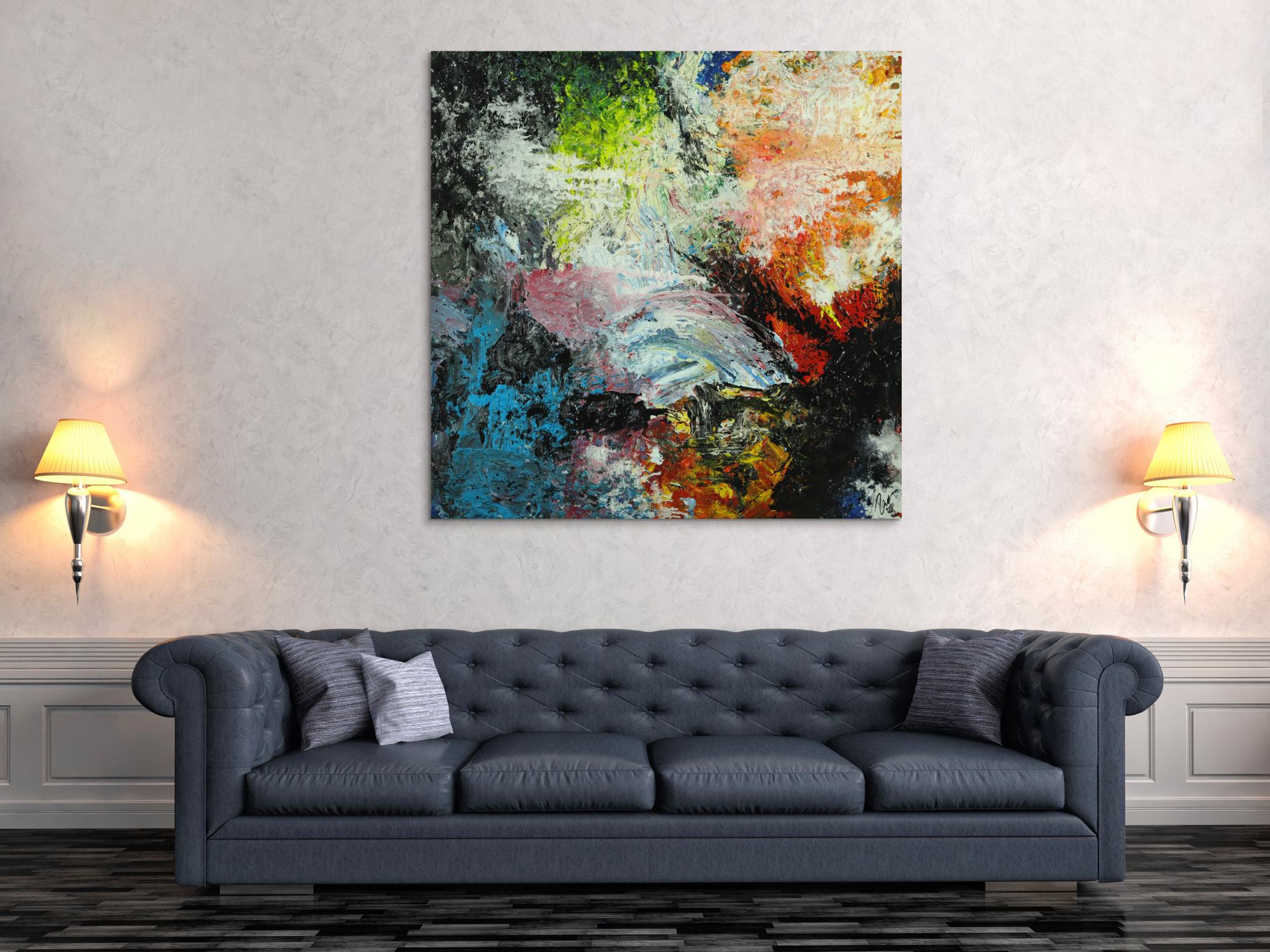 Abstraktes Original Gemälde 130x130cm Action Painting Modern Art handgefertigt Mischtechnik schwarz beige anthrazit Einzelstück