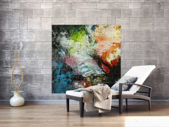 Abstraktes Original Gemälde 130x130cm Action Painting Modern Art handgefertigt Mischtechnik schwarz beige anthrazit Einzelstück