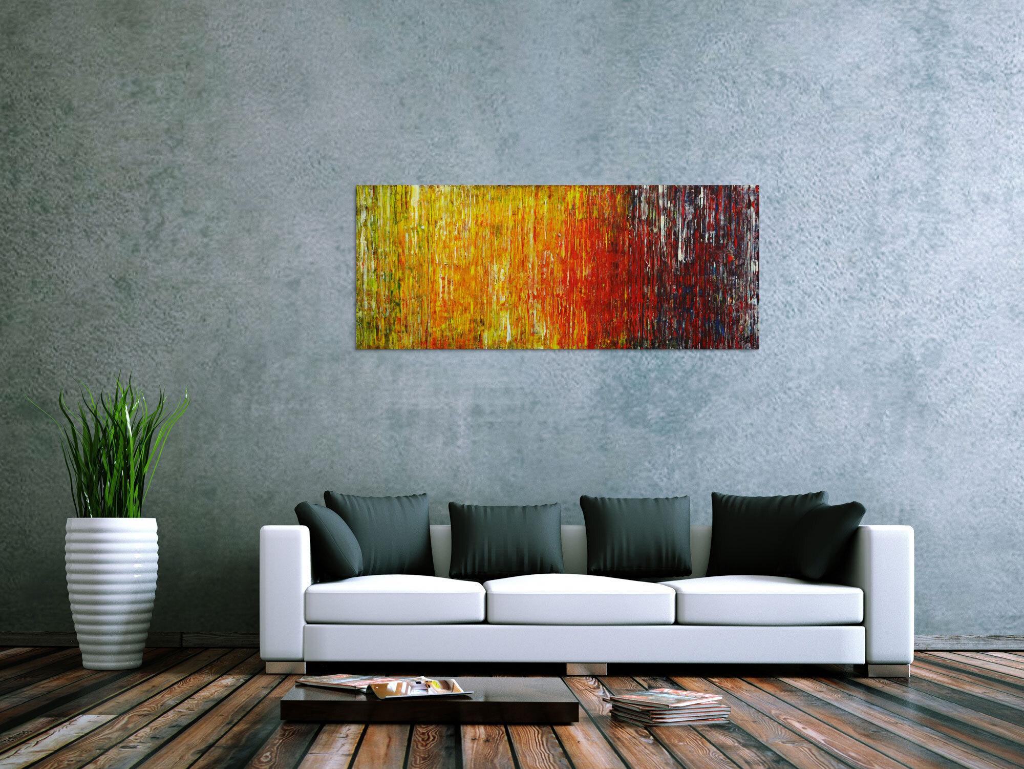 Abstraktes Original Gemälde 56x140cm Spachteltechnik Moderne Kunst handgemalt grün gelb rot blau bunt hochwertig