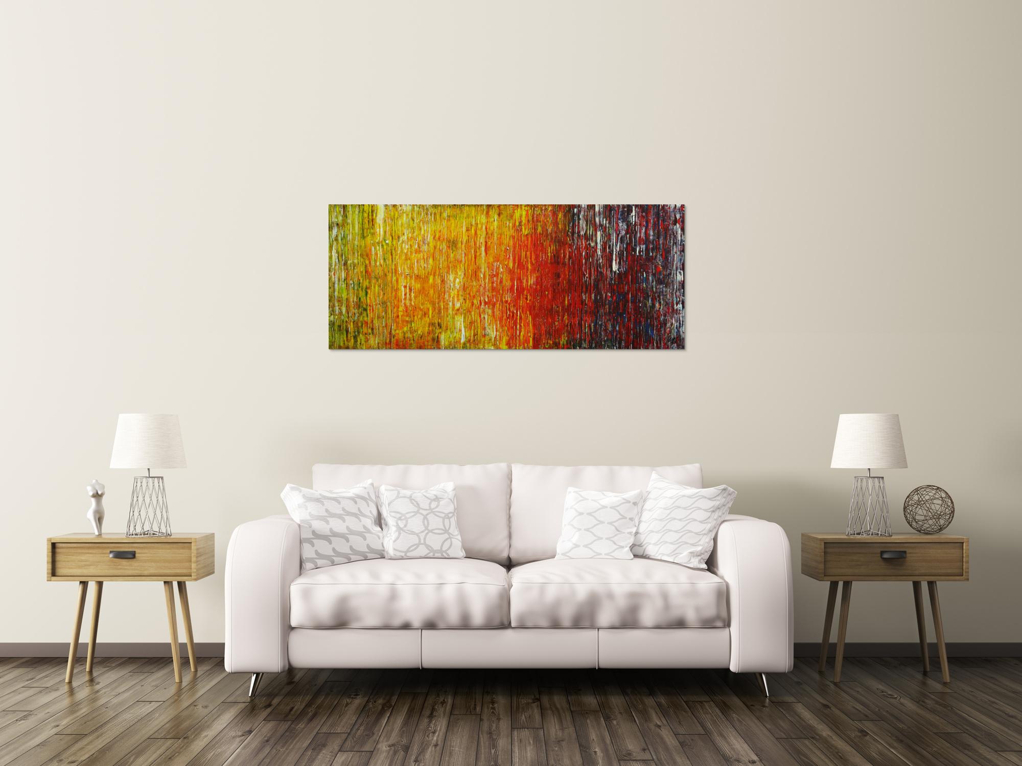 Abstraktes Original Gemälde 56x140cm Spachteltechnik Moderne Kunst handgemalt grün gelb rot blau bunt hochwertig