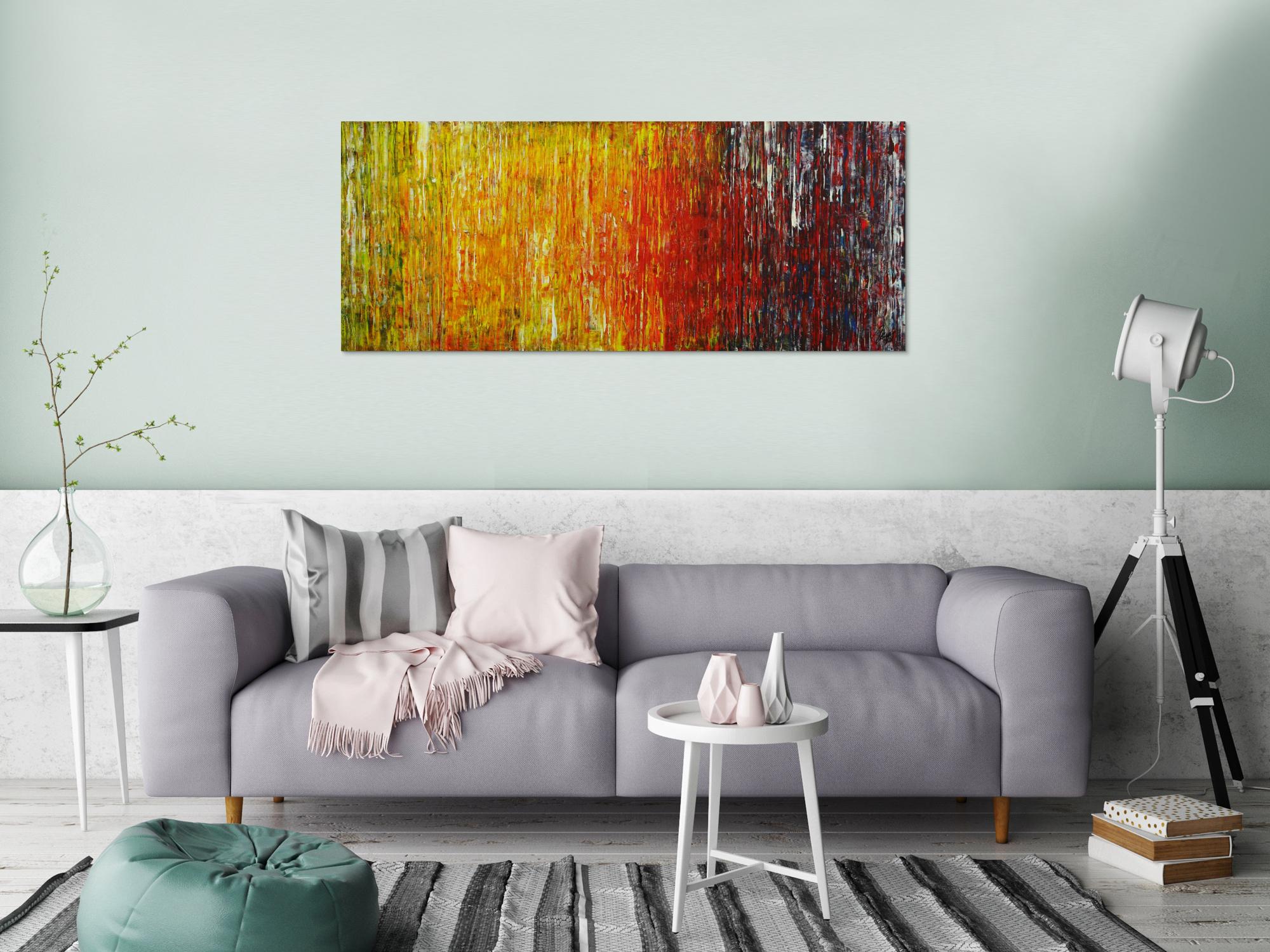 Abstraktes Original Gemälde 56x140cm Spachteltechnik Moderne Kunst handgemalt grün gelb rot blau bunt hochwertig