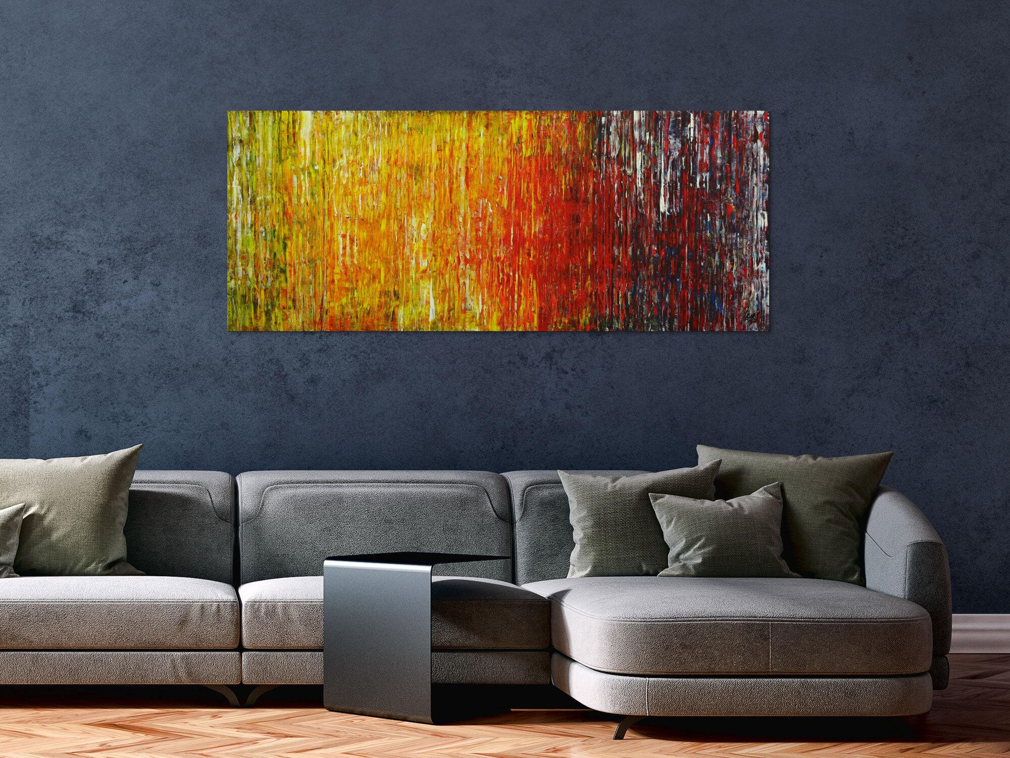 Abstraktes Original Gemälde 56x140cm Spachteltechnik Moderne Kunst handgemalt grün gelb rot blau bunt hochwertig