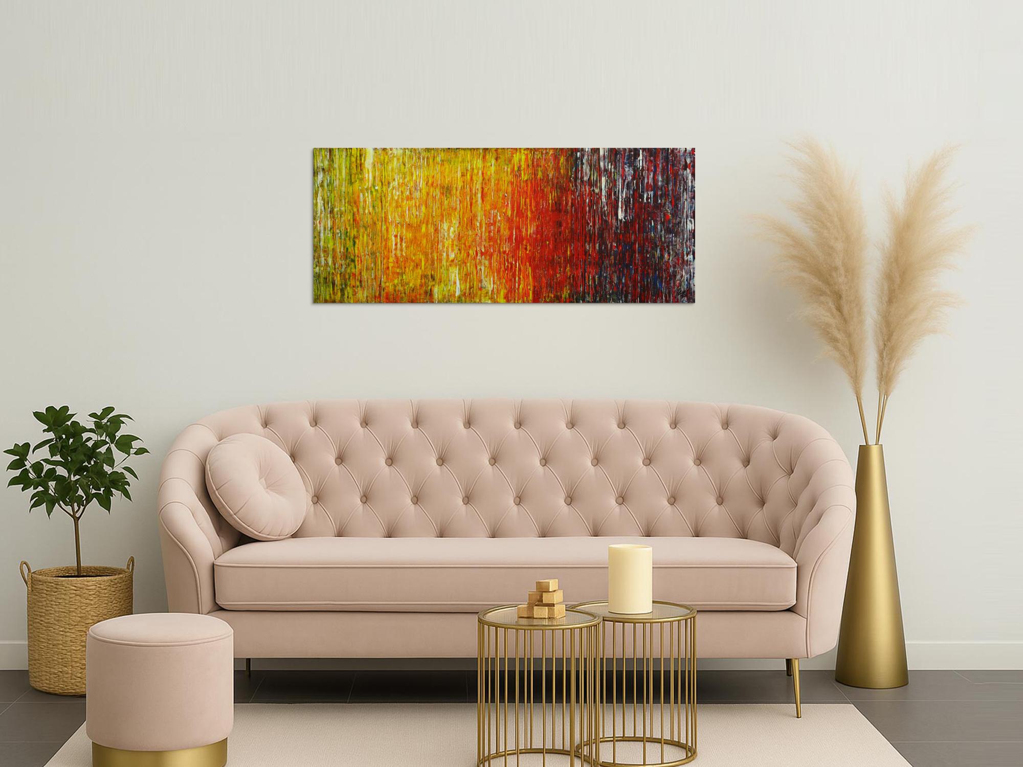 Abstraktes Original Gemälde 56x140cm Spachteltechnik Moderne Kunst handgemalt grün gelb rot blau bunt hochwertig