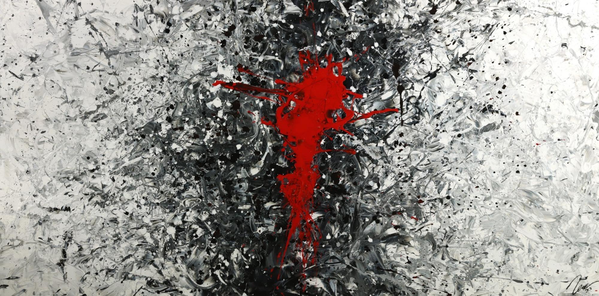 Gemälde Original abstrakt 100x200cm Action Painting zeitgenössisch handgemalt Splash Art weiß schwarz grau Unikat