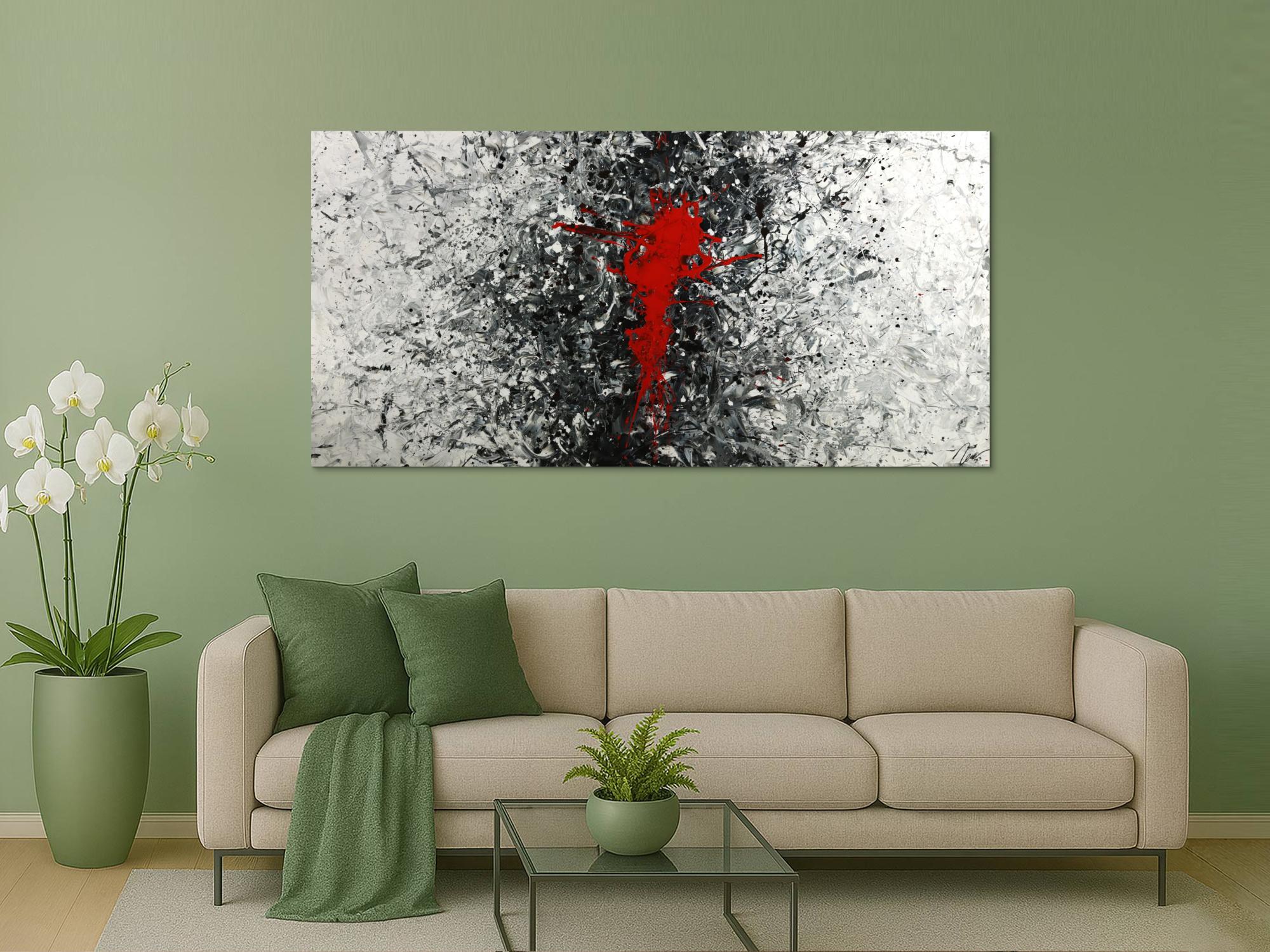 Gemälde Original abstrakt 100x200cm Action Painting zeitgenössisch handgemalt Splash Art weiß schwarz grau Unikat