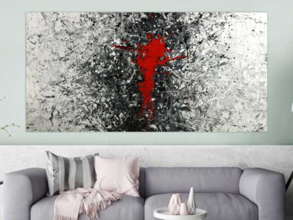 Gemälde Original abstrakt 100x200cm Action Painting zeitgenössisch handgemalt Splash Art weiß schwarz grau Unikat
