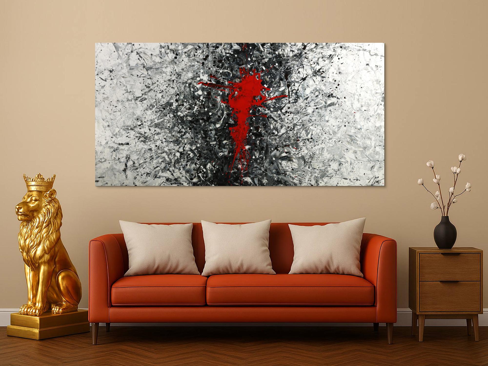 Gemälde Original abstrakt 100x200cm Action Painting zeitgenössisch handgemalt Splash Art weiß schwarz grau Unikat