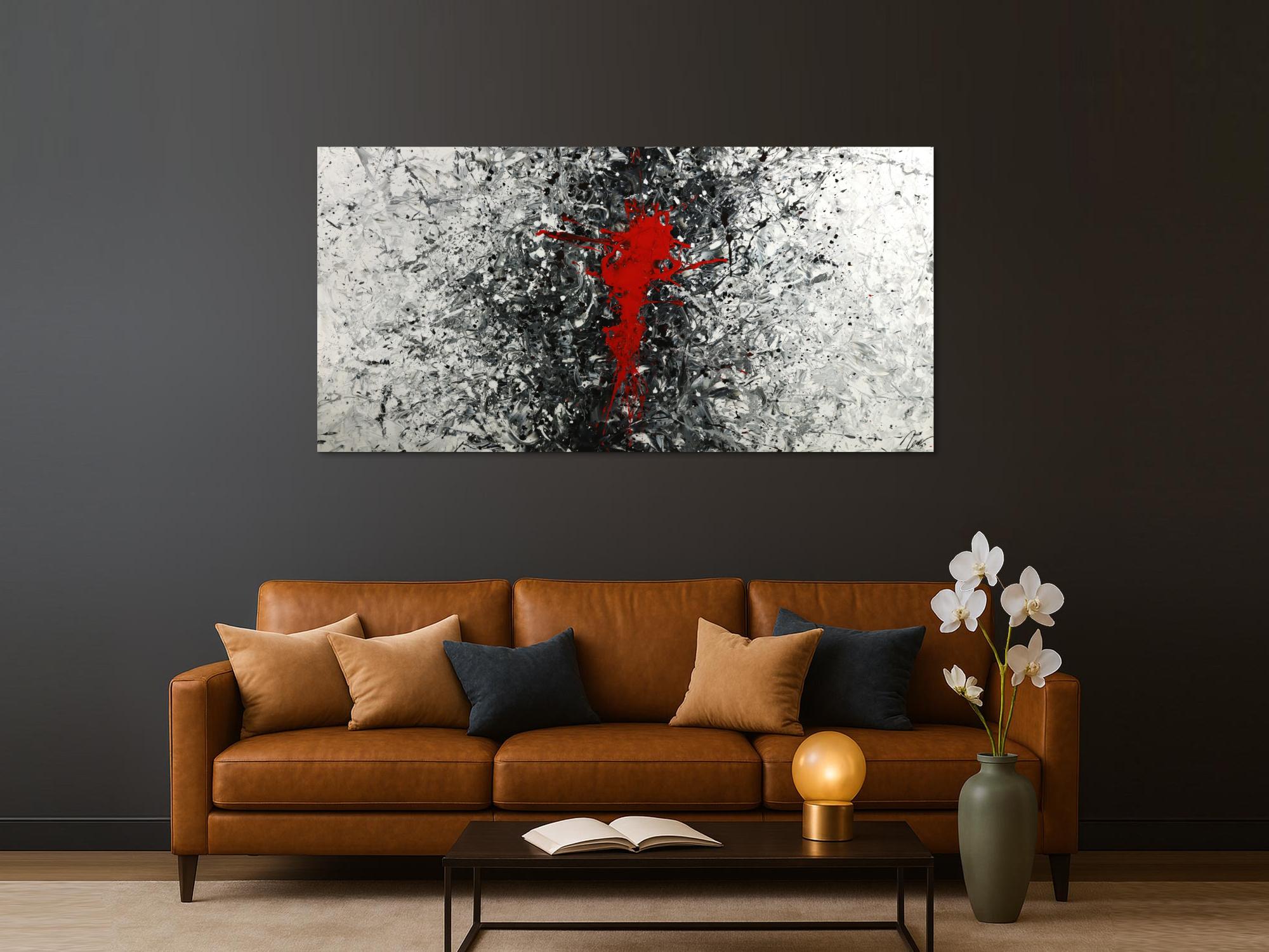 Gemälde Original abstrakt 100x200cm Action Painting zeitgenössisch handgemalt Splash Art weiß schwarz grau Unikat