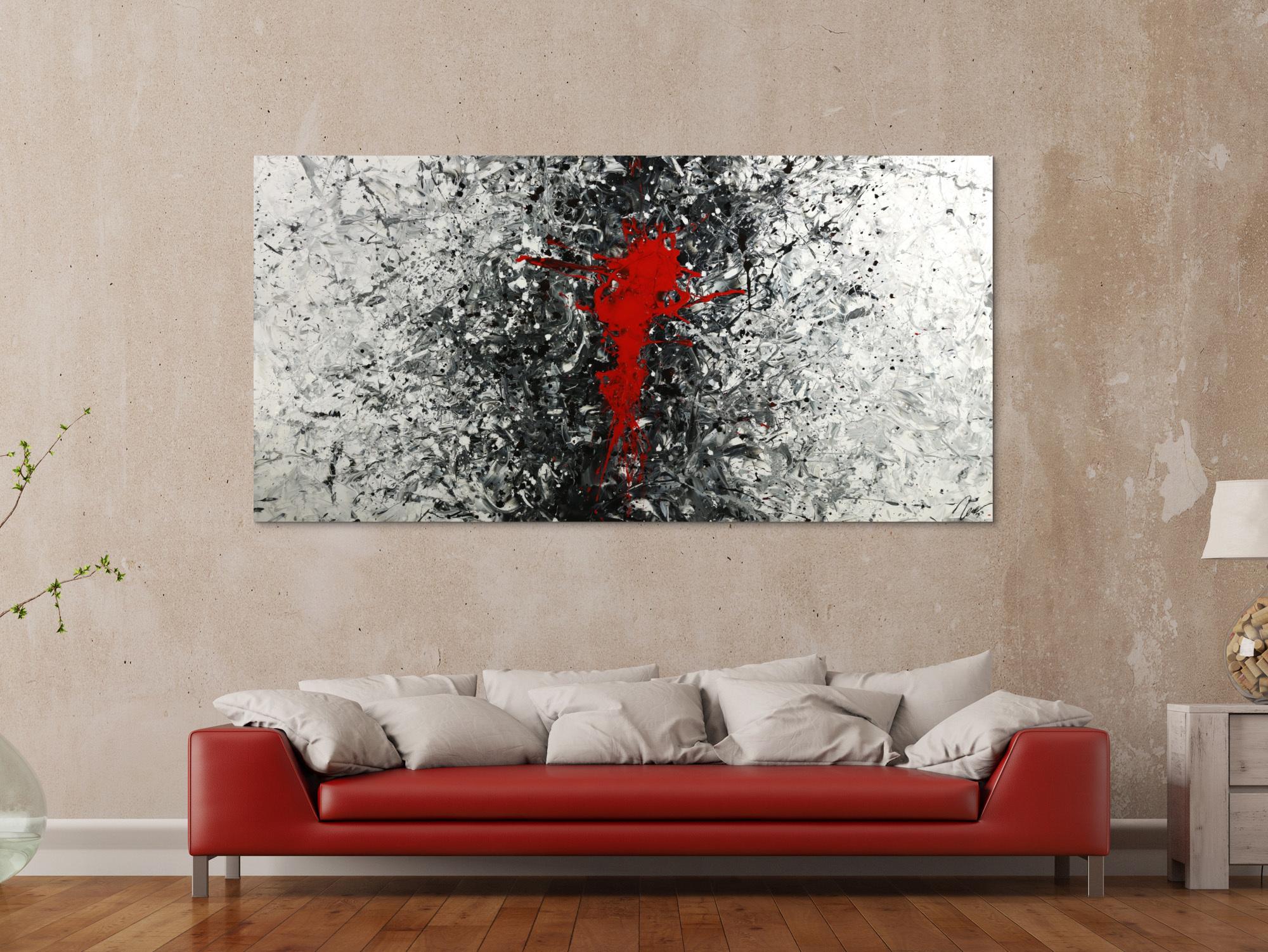 Gemälde Original abstrakt 100x200cm Action Painting zeitgenössisch handgemalt Splash Art weiß schwarz grau Unikat