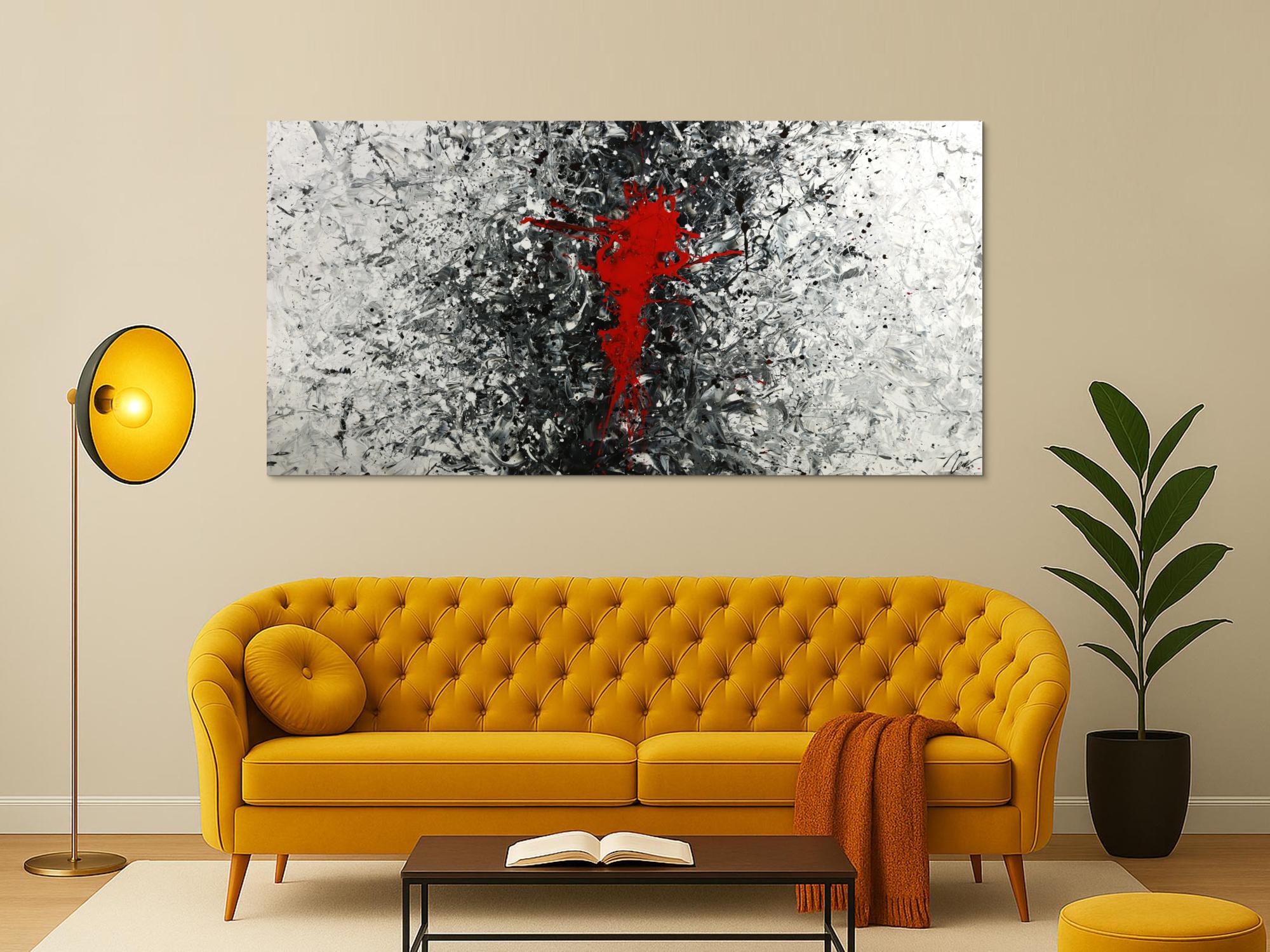 Gemälde Original abstrakt 100x200cm Action Painting zeitgenössisch handgemalt Splash Art weiß schwarz grau Unikat