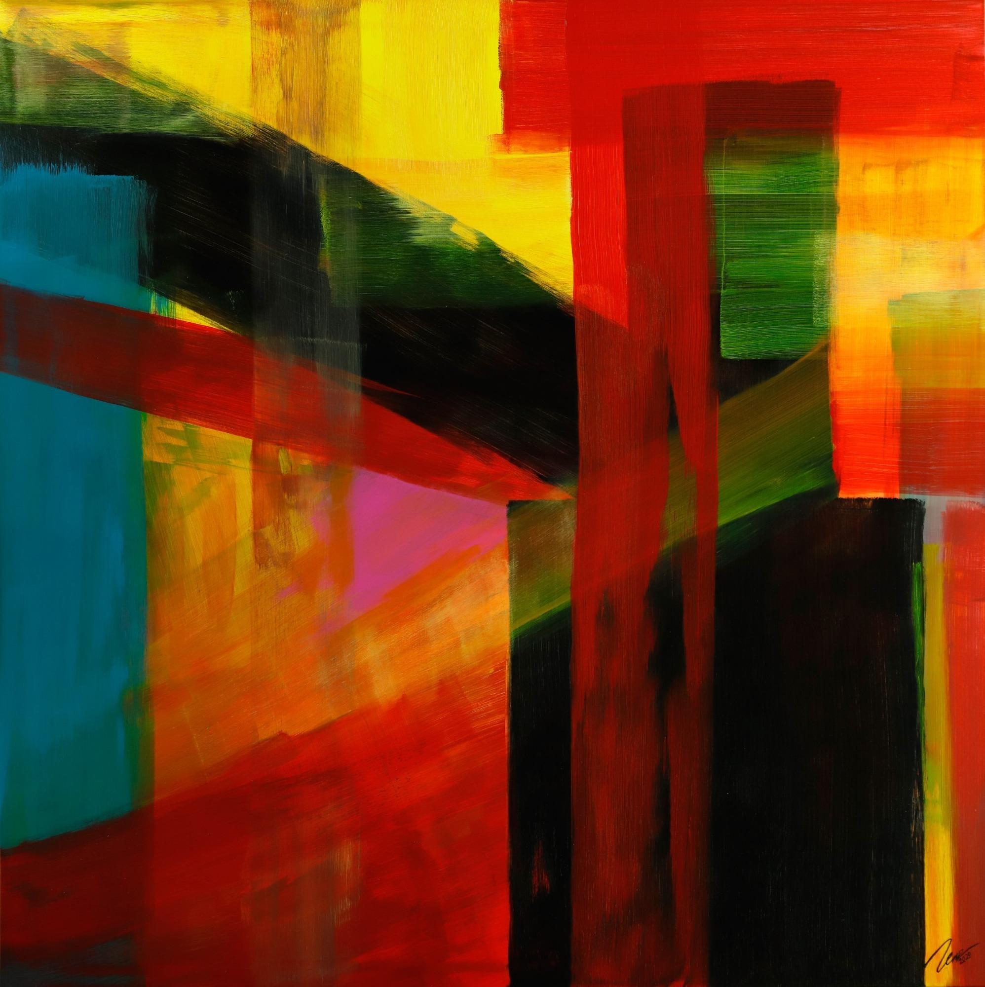 Gemälde Original abstrakt 150x150cm Mischtechnik Modern Art handgemalt rot gelb schwarz bunte Farben Einzelstück