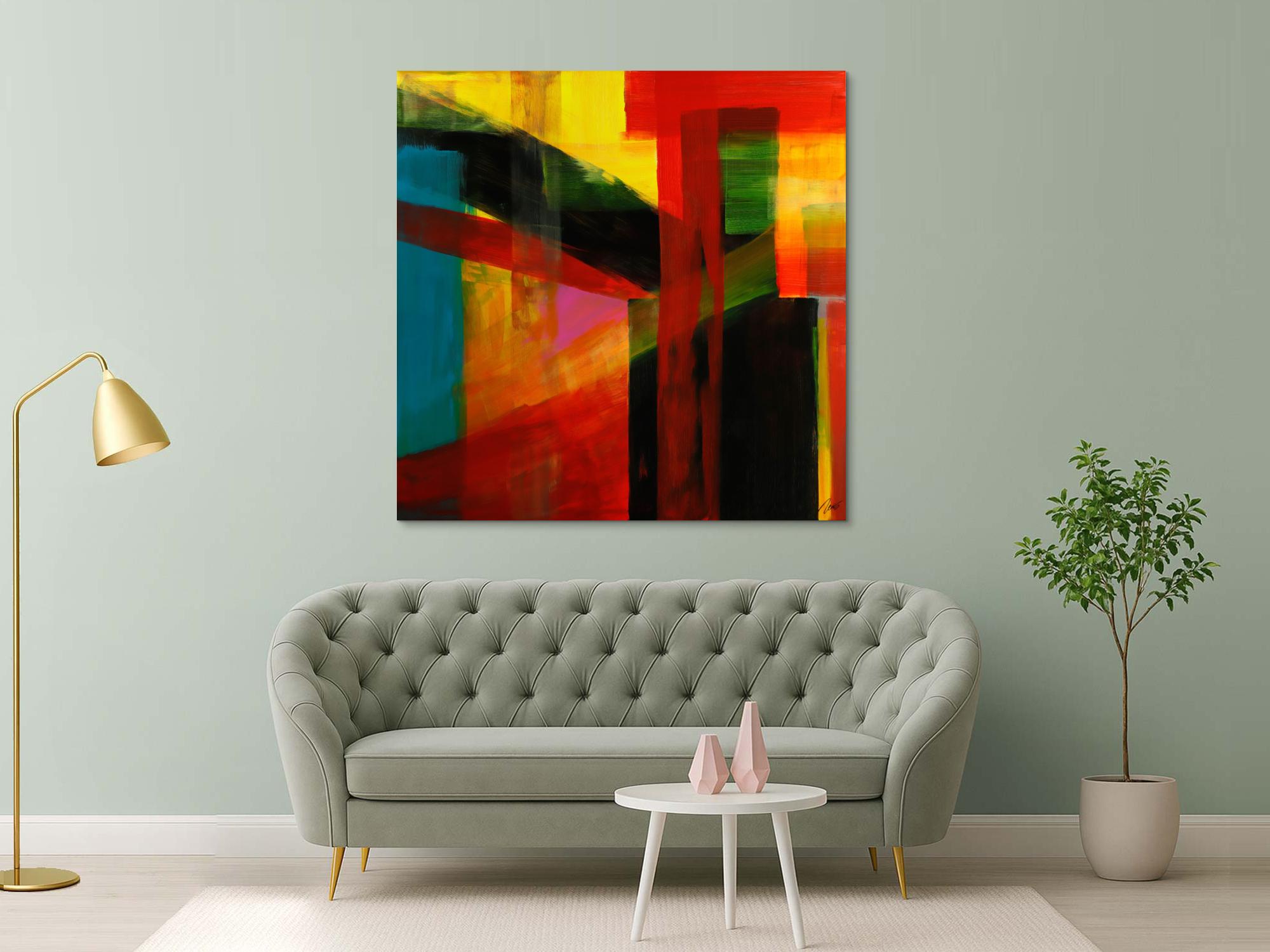 Gemälde Original abstrakt 150x150cm Mischtechnik Modern Art handgemalt rot gelb schwarz bunte Farben Einzelstück