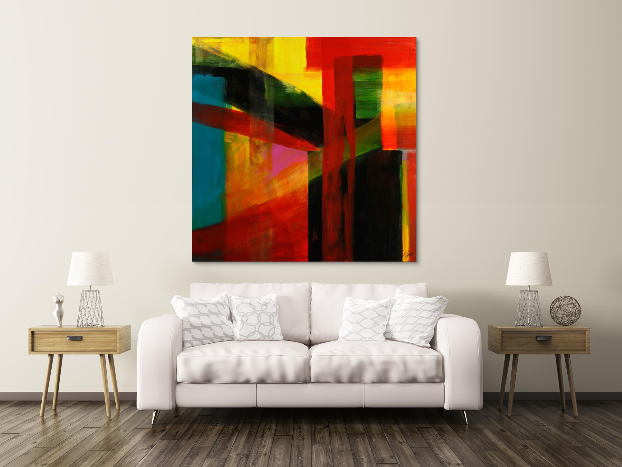 Gemälde Original abstrakt 150x150cm Mischtechnik Modern Art handgemalt rot gelb schwarz bunte Farben Einzelstück