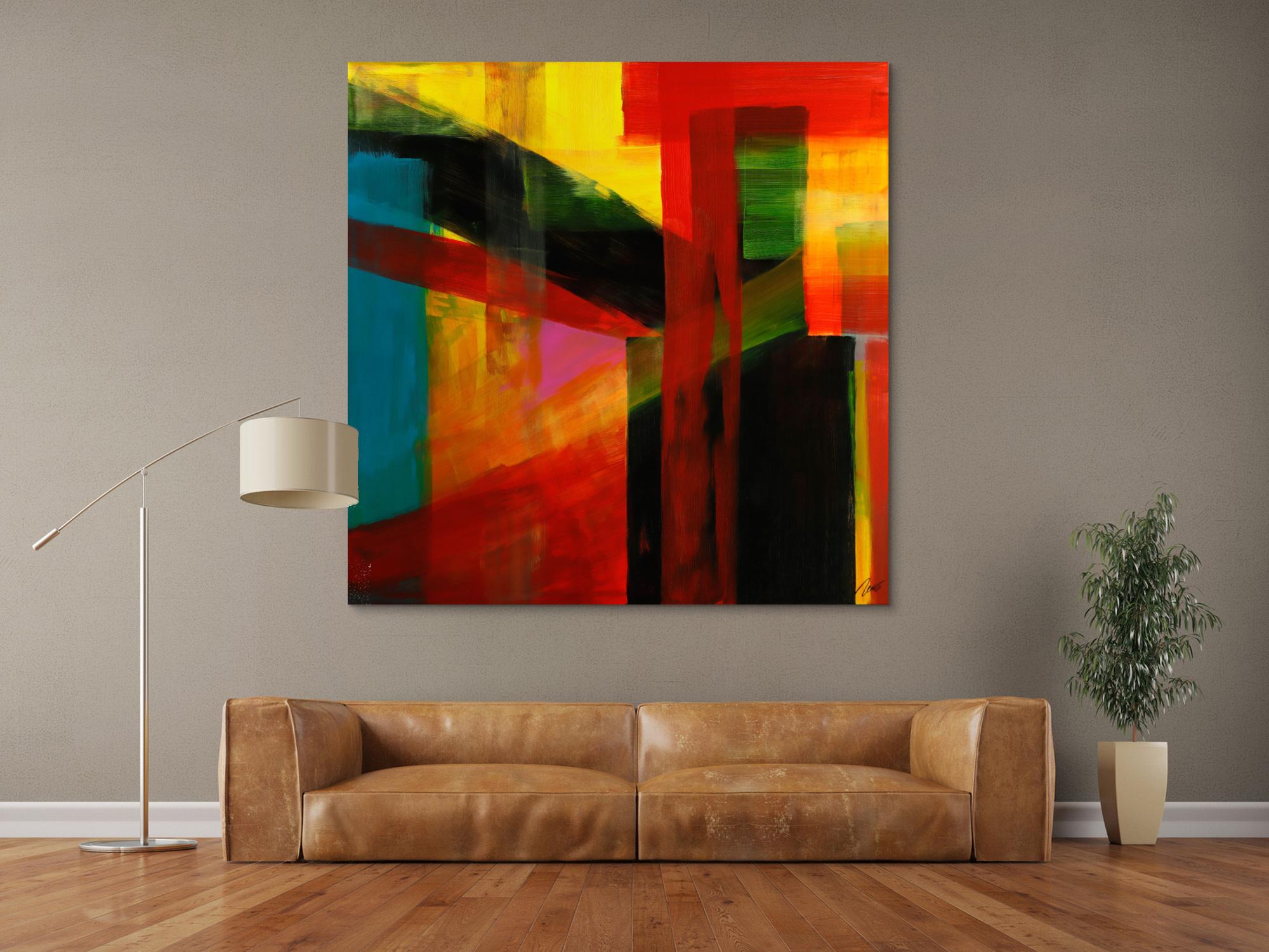 Gemälde Original abstrakt 150x150cm Mischtechnik Modern Art handgemalt rot gelb schwarz bunte Farben Einzelstück