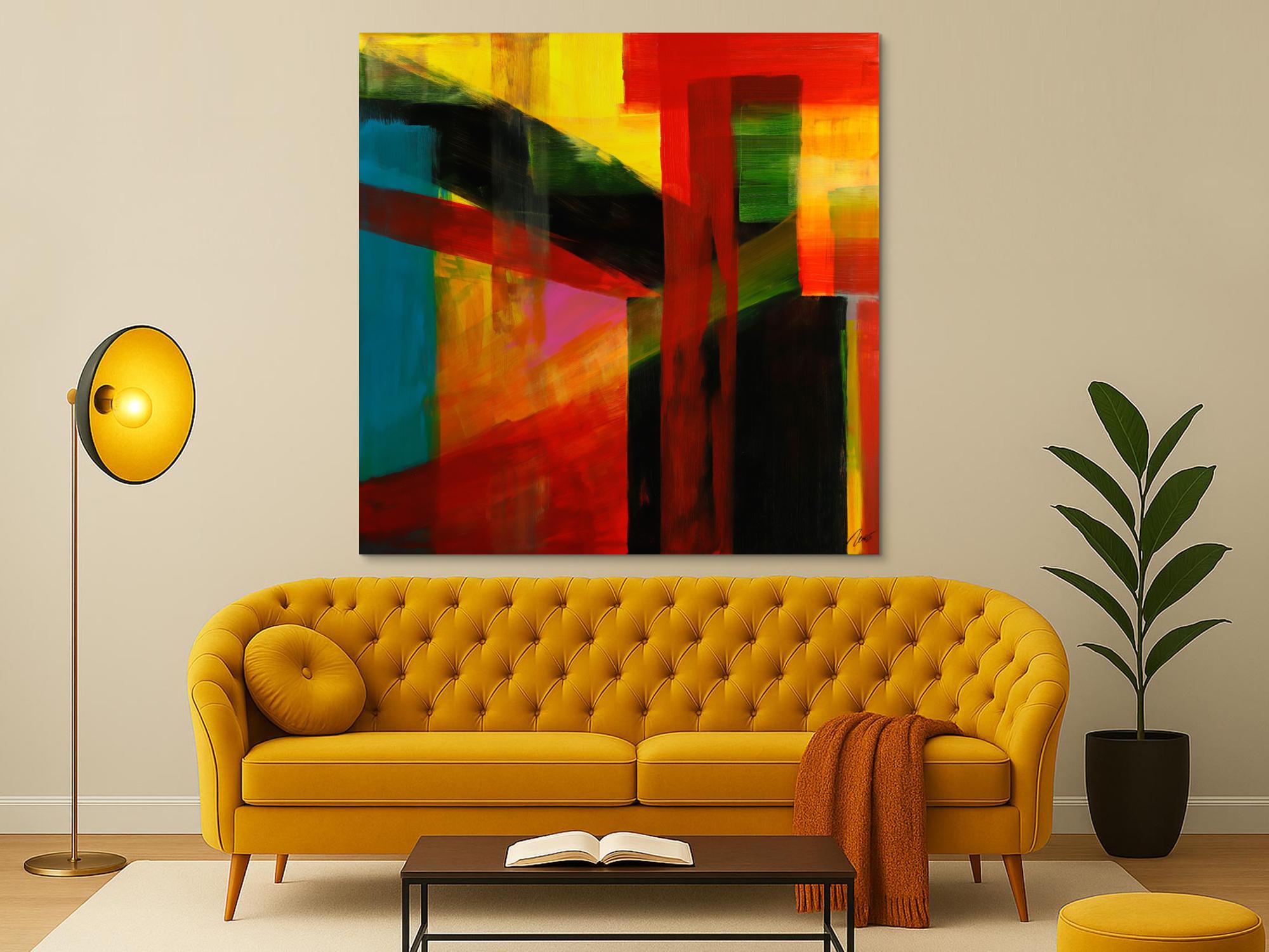 Gemälde Original abstrakt 150x150cm Mischtechnik Modern Art handgemalt rot gelb schwarz bunte Farben Einzelstück