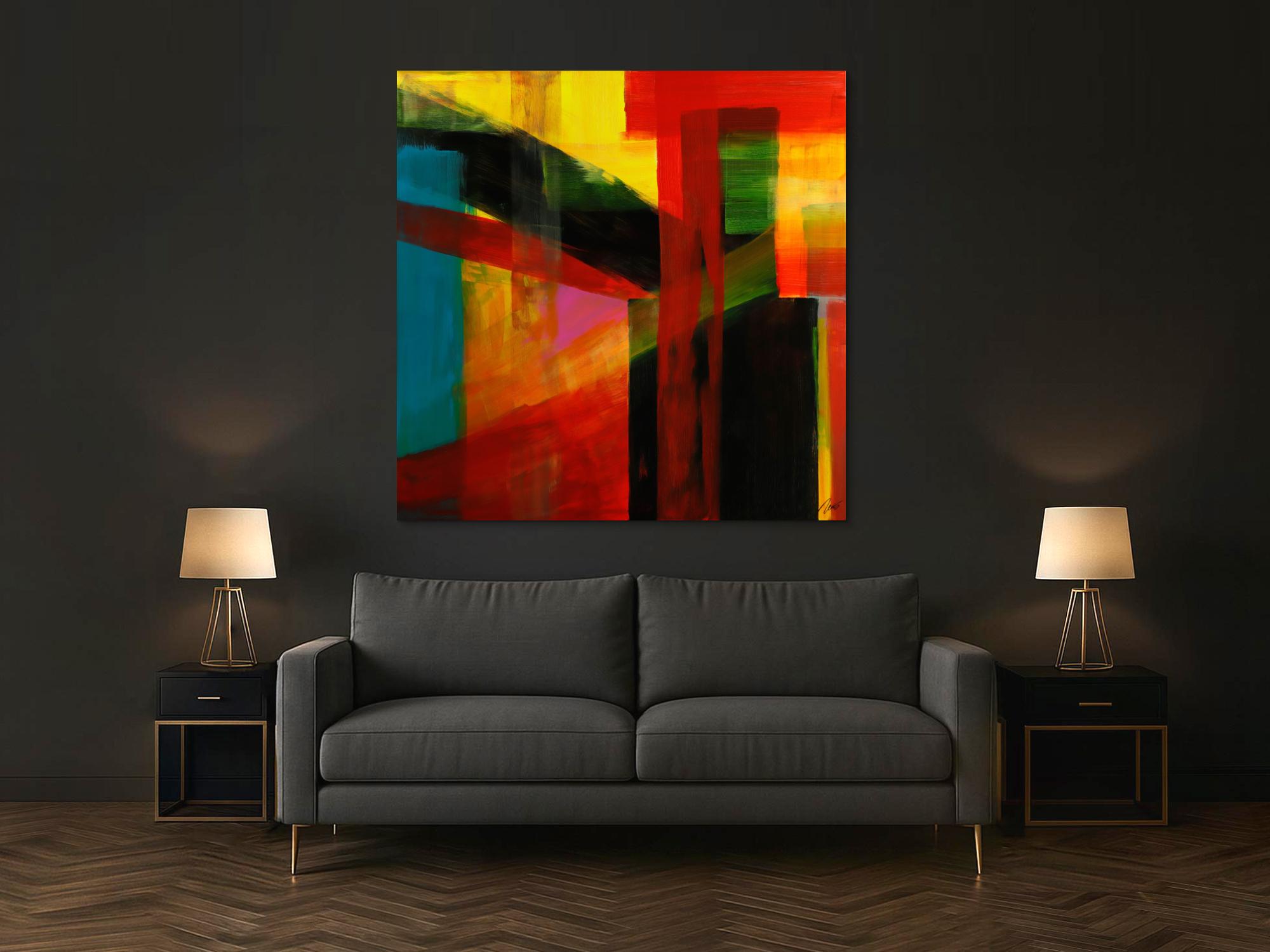 Gemälde Original abstrakt 150x150cm Mischtechnik Modern Art handgemalt rot gelb schwarz bunte Farben Einzelstück