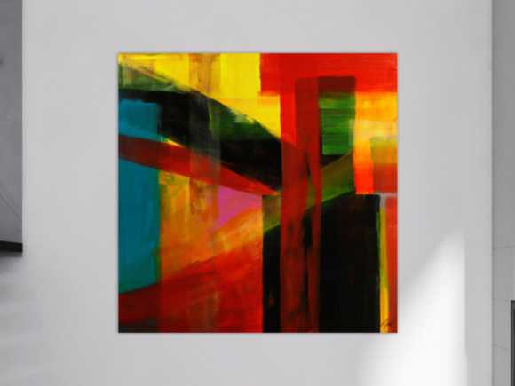 Gemälde Original abstrakt 150x150cm Mischtechnik Modern Art handgemalt rot gelb schwarz bunte Farben Einzelstück
