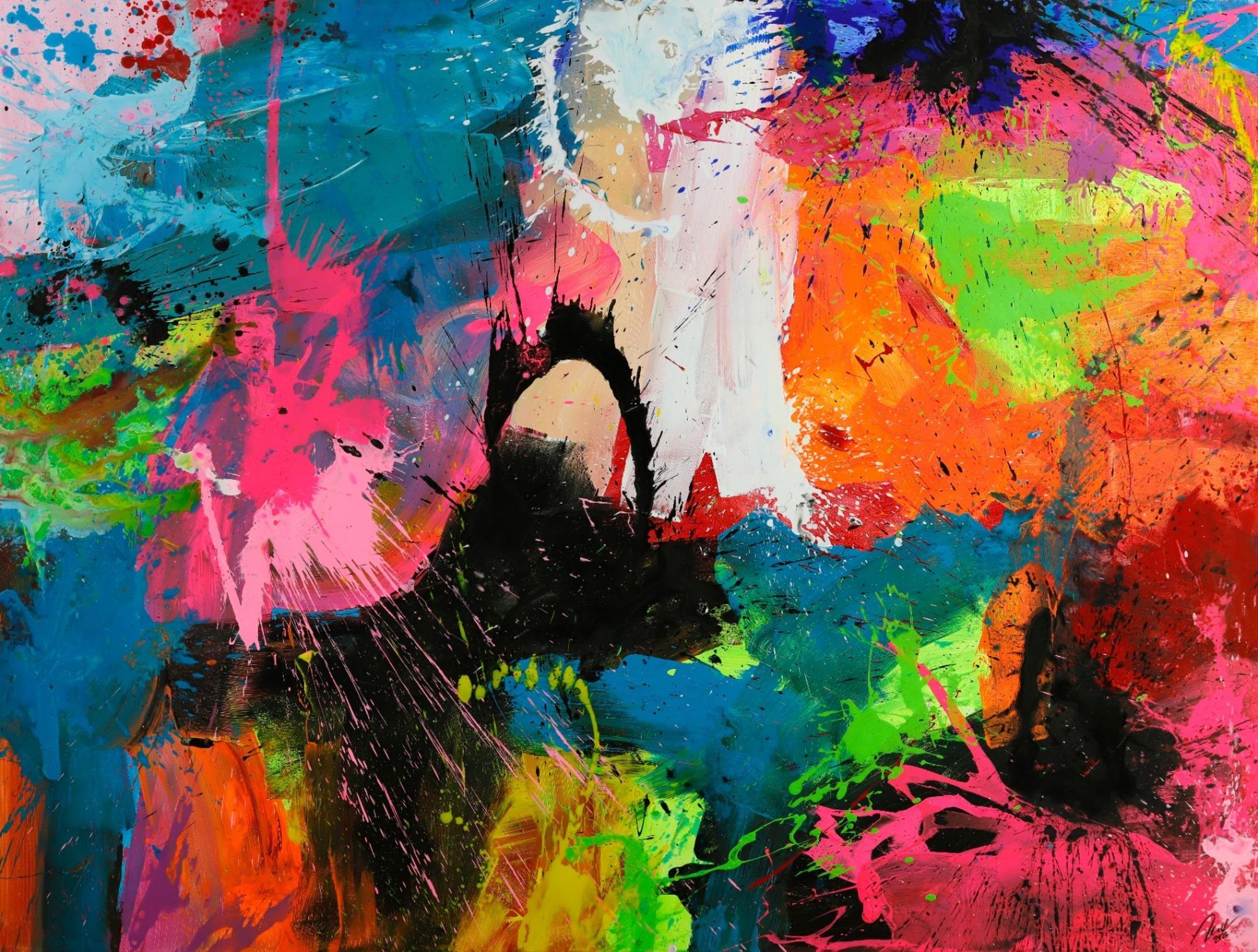 Gemälde Original abstrakt 150x200cm Action Painting Neon Farben sehr bunt Modern Art handgefertigt Splash Art Einzelstück