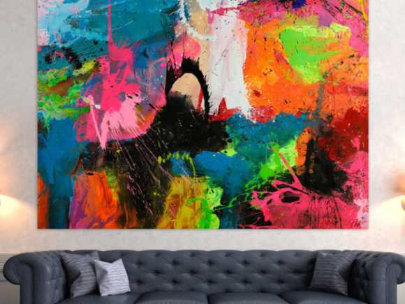 Gemälde Original abstrakt 150x200cm Action Painting Neon Farben sehr bunt Modern Art handgefertigt Splash Art Einzelstück