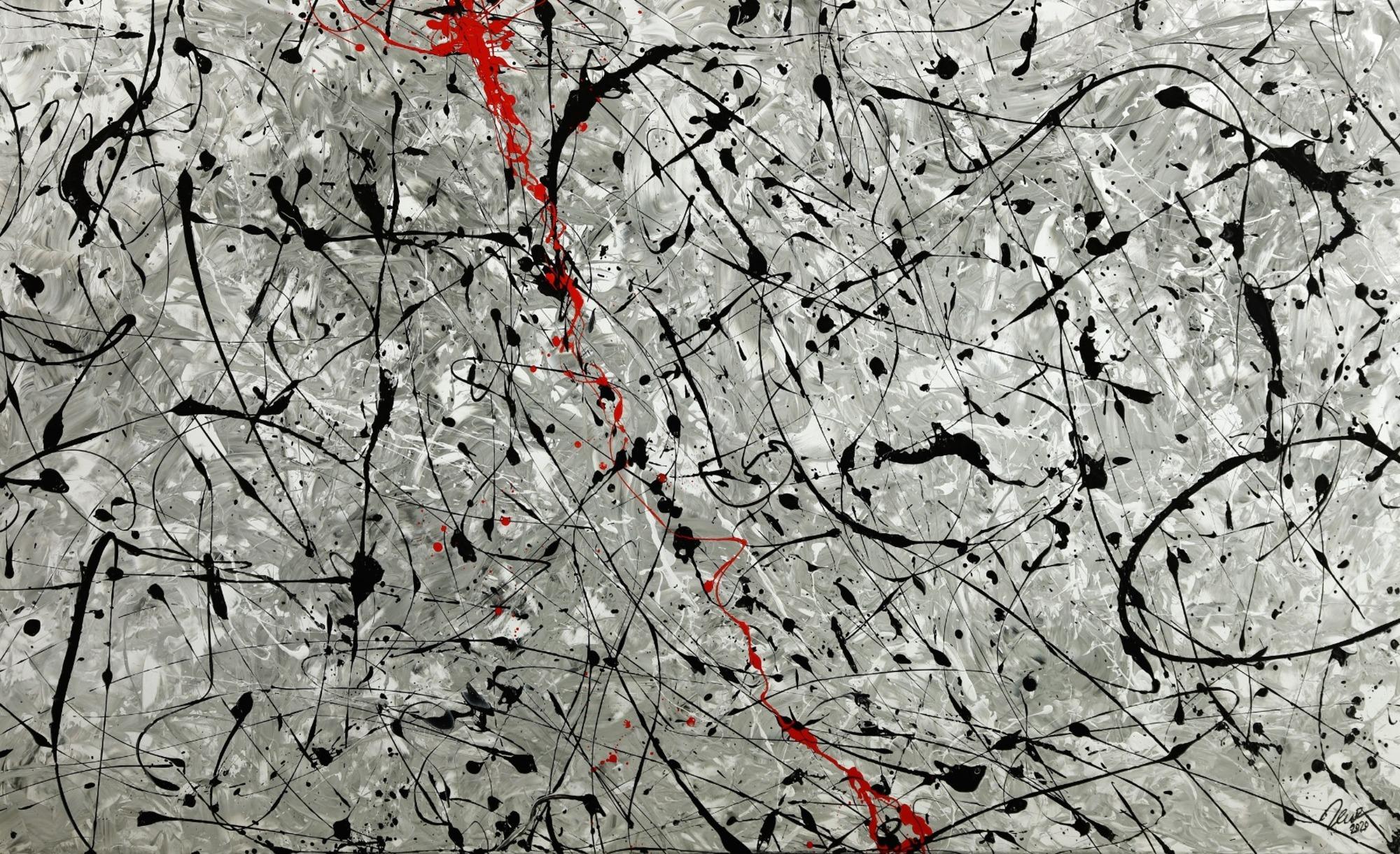 Abstraktes Original Gemälde 120x200cm Minimalistisch zeitgenössisch handgemalt Action Painting grau weiß anthrazit Unikat