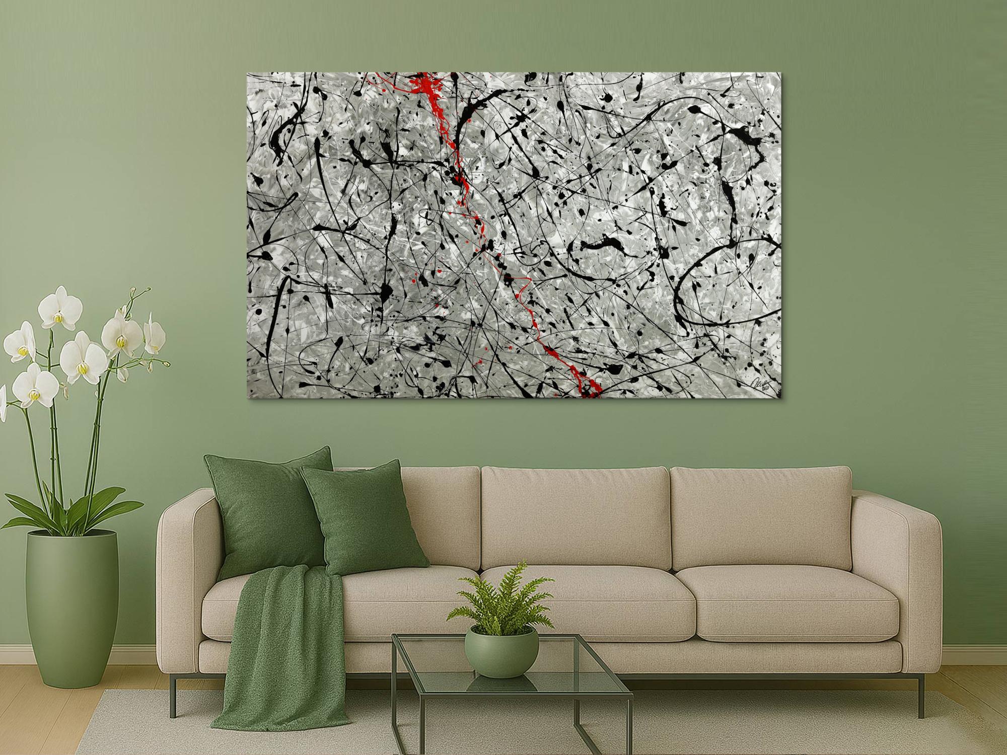 Abstraktes Original Gemälde 120x200cm Minimalistisch zeitgenössisch handgemalt Action Painting grau weiß anthrazit Unikat