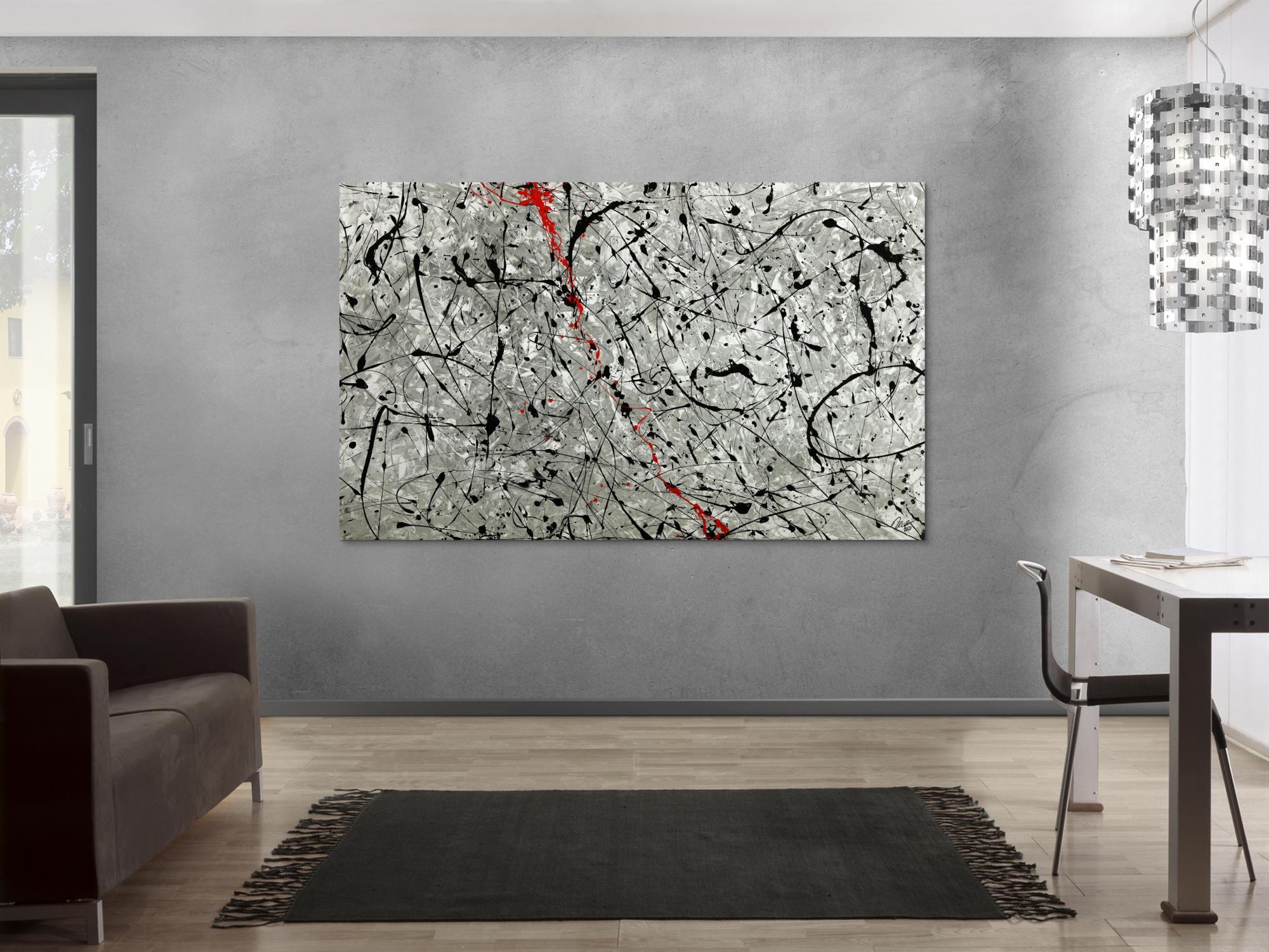 Abstraktes Original Gemälde 120x200cm Minimalistisch zeitgenössisch handgemalt Action Painting grau weiß anthrazit Unikat