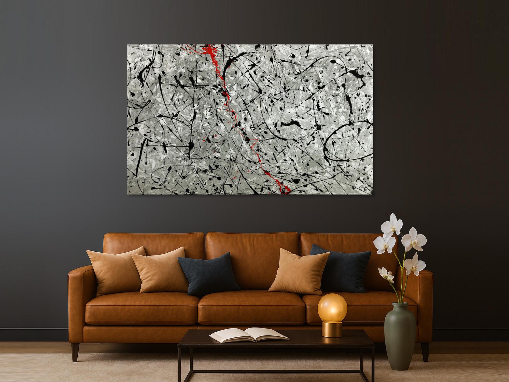 Abstraktes Original Gemälde 120x200cm Minimalistisch zeitgenössisch handgemalt Action Painting grau weiß anthrazit Unikat