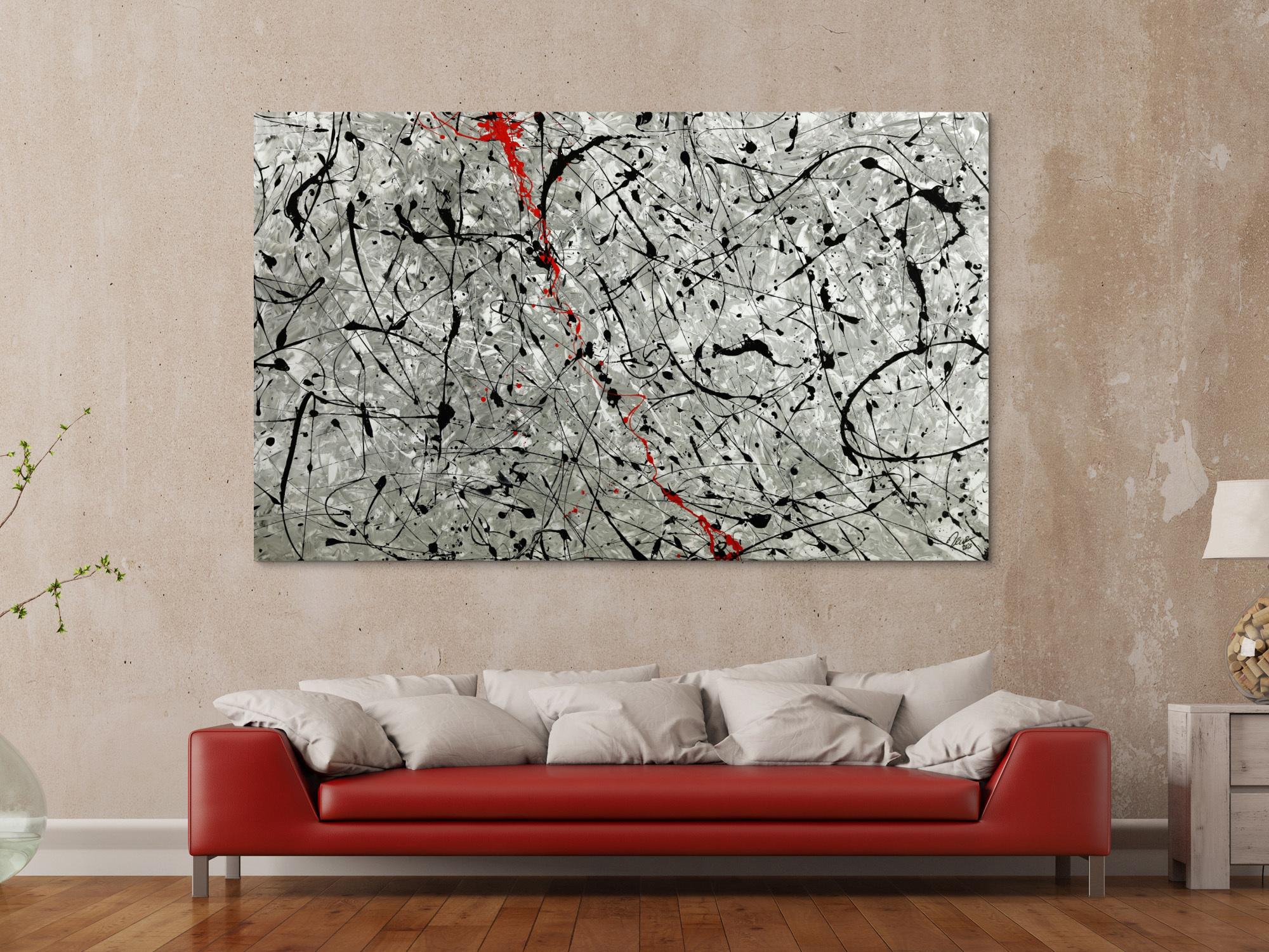 Abstraktes Original Gemälde 120x200cm Minimalistisch zeitgenössisch handgemalt Action Painting grau weiß anthrazit Unikat