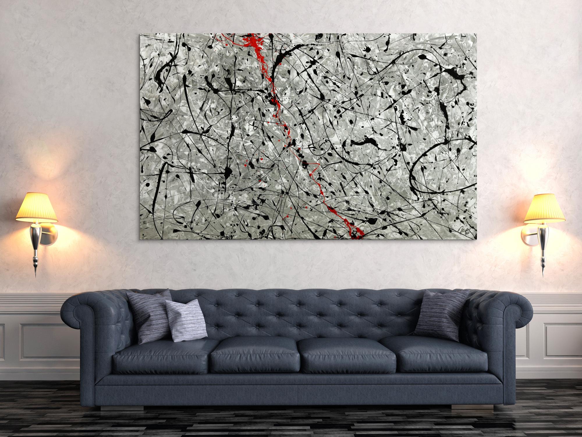 Abstraktes Original Gemälde 120x200cm Minimalistisch zeitgenössisch handgemalt Action Painting grau weiß anthrazit Unikat