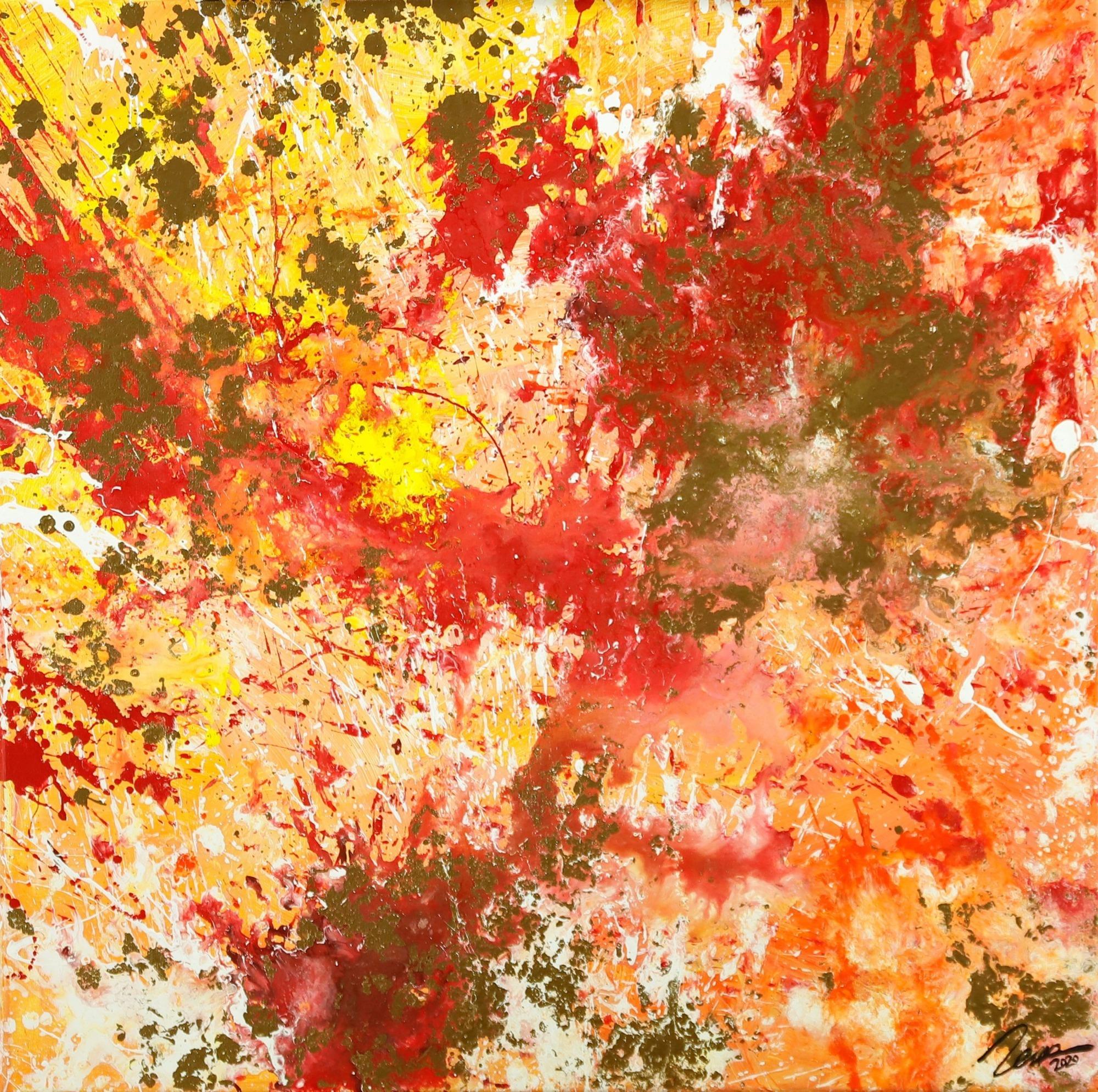 Gemälde Original abstrakt 70x70cm Action Painting zeitgenössisch auf Leinwand Mischtechnik rot orange beige hochwertig