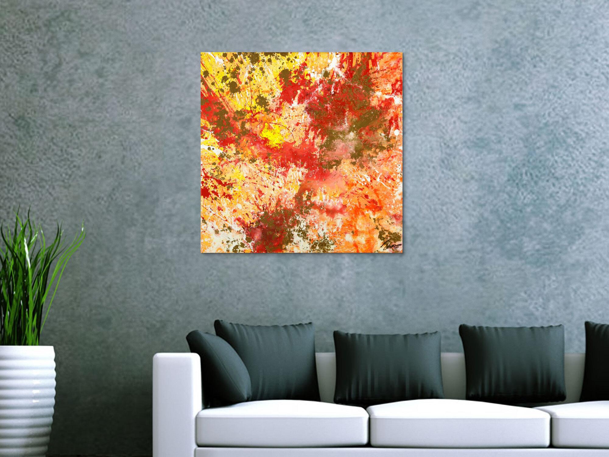 Gemälde Original abstrakt 70x70cm Action Painting zeitgenössisch auf Leinwand Mischtechnik rot orange beige hochwertig