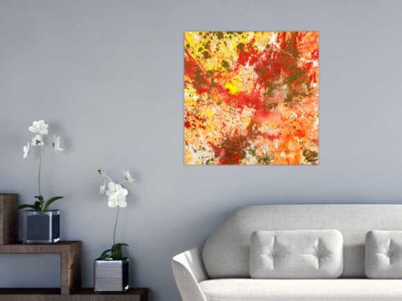 Gemälde Original abstrakt 70x70cm Action Painting zeitgenössisch auf Leinwand Mischtechnik rot orange beige hochwertig