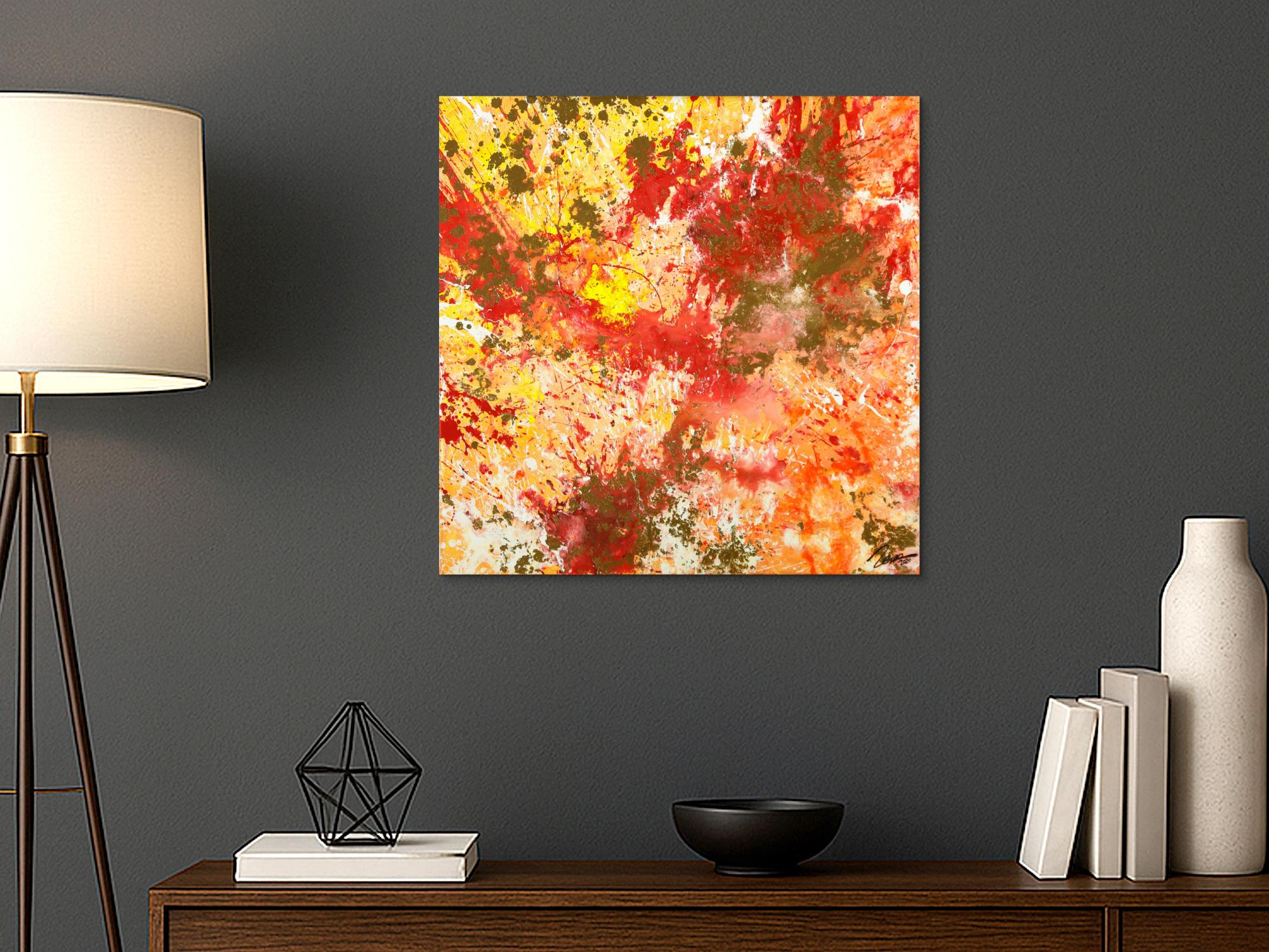 Gemälde Original abstrakt 70x70cm Action Painting zeitgenössisch auf Leinwand Mischtechnik rot orange beige hochwertig