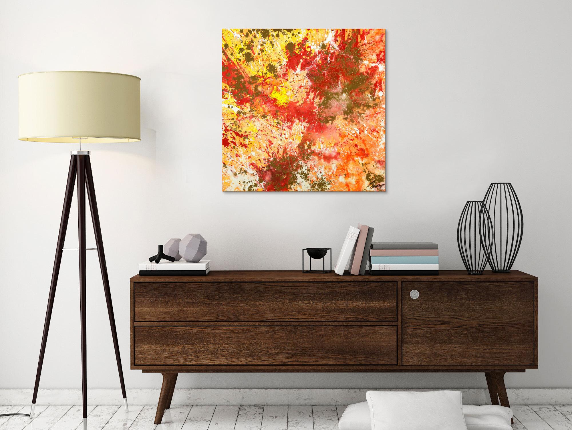 Gemälde Original abstrakt 70x70cm Action Painting zeitgenössisch auf Leinwand Mischtechnik rot orange beige hochwertig