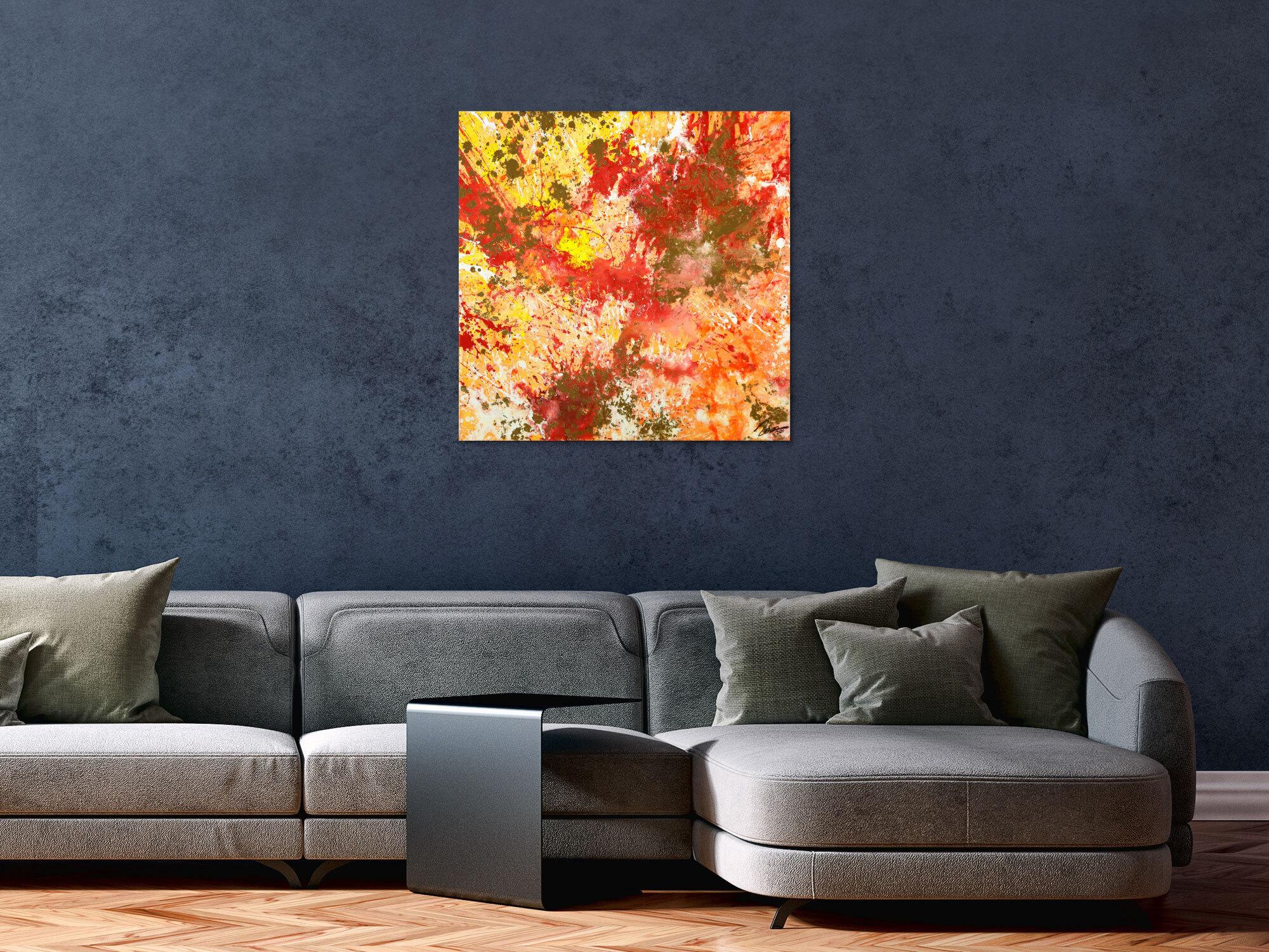 Gemälde Original abstrakt 70x70cm Action Painting zeitgenössisch auf Leinwand Mischtechnik rot orange beige hochwertig