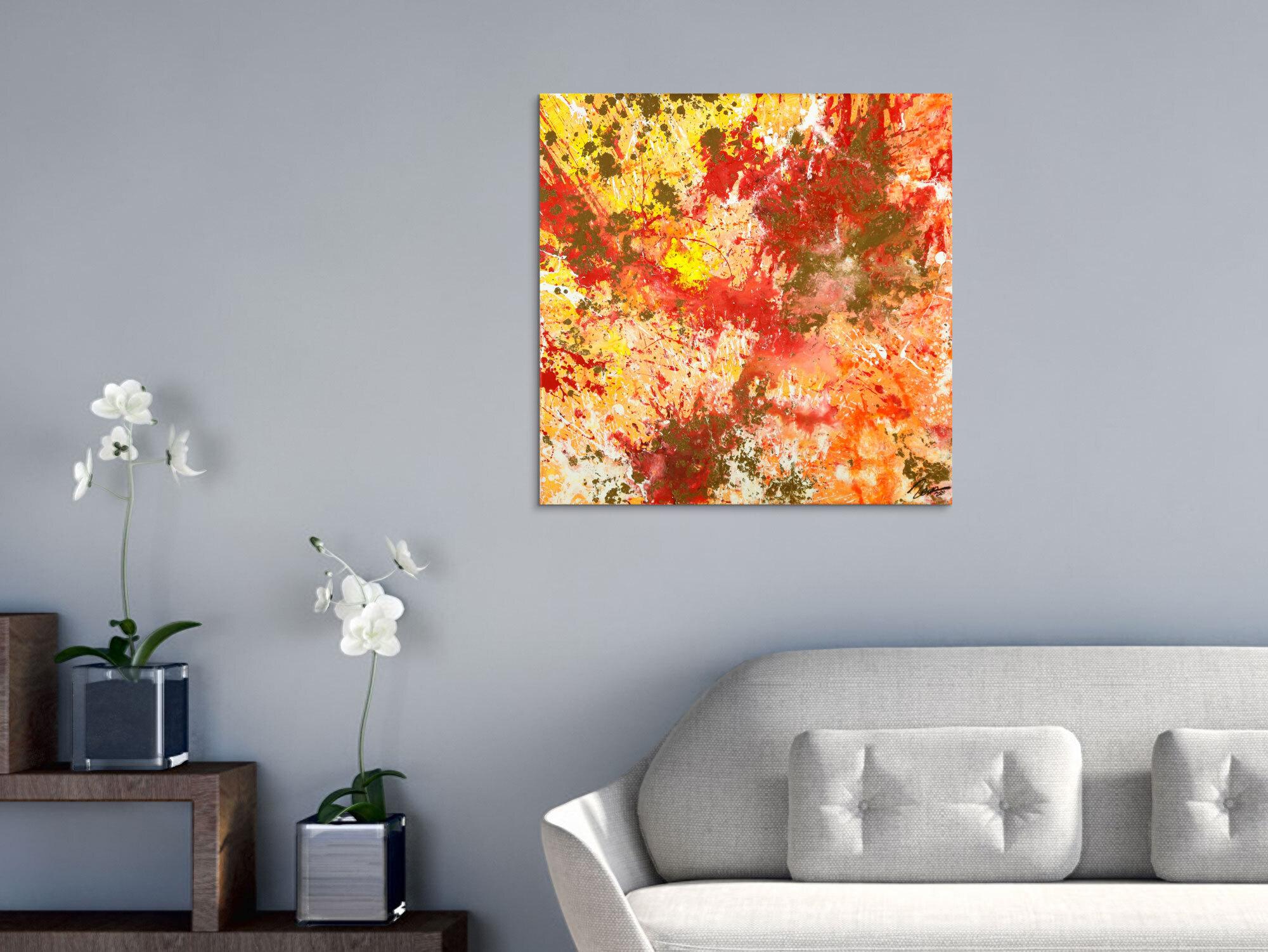 Gemälde Original abstrakt 70x70cm Action Painting zeitgenössisch auf Leinwand Mischtechnik rot orange beige hochwertig