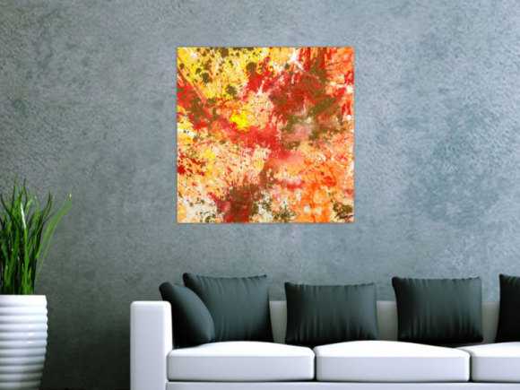 Gemälde Original abstrakt 70x70cm Action Painting zeitgenössisch auf Leinwand Mischtechnik rot orange beige hochwertig