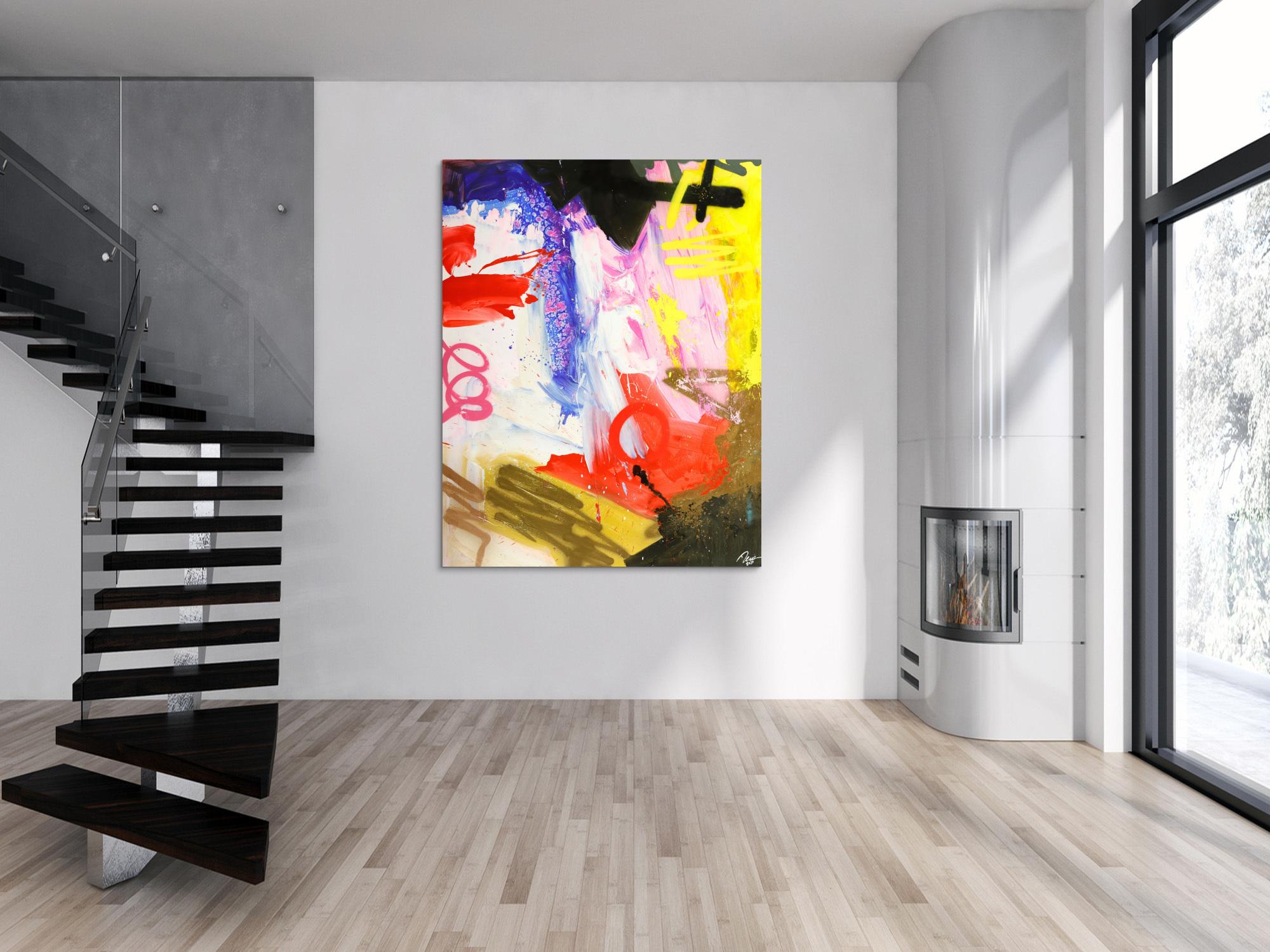 Abstraktes Original Gemälde 180x140cm Action Painting zeitgenössisch handgemalt Mischtechnik weiß schwarz rot hochwertig