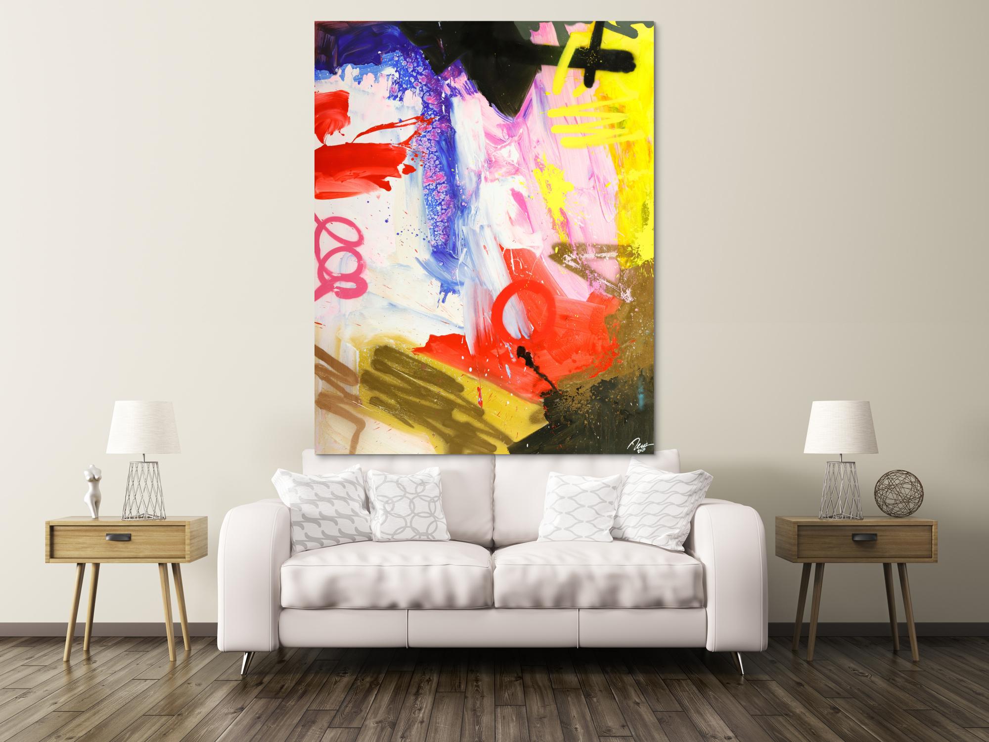 Abstraktes Original Gemälde 180x140cm Action Painting zeitgenössisch handgemalt Mischtechnik weiß schwarz rot hochwertig