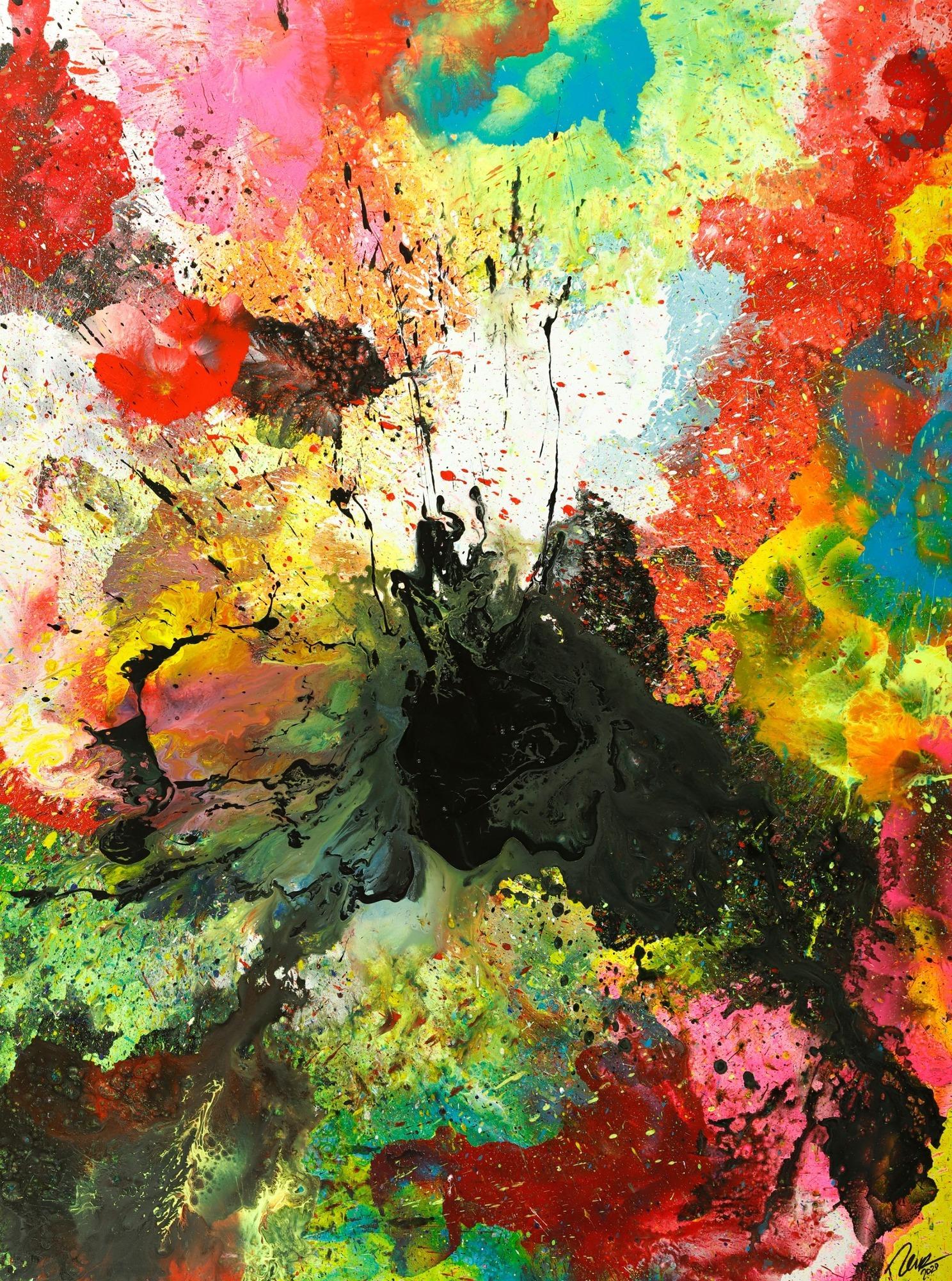 Original Gemälde abstrakt 200x150cm Action Painting zeitgenössisch handgemalt Mischtechnik schwarz bunt einzigartig