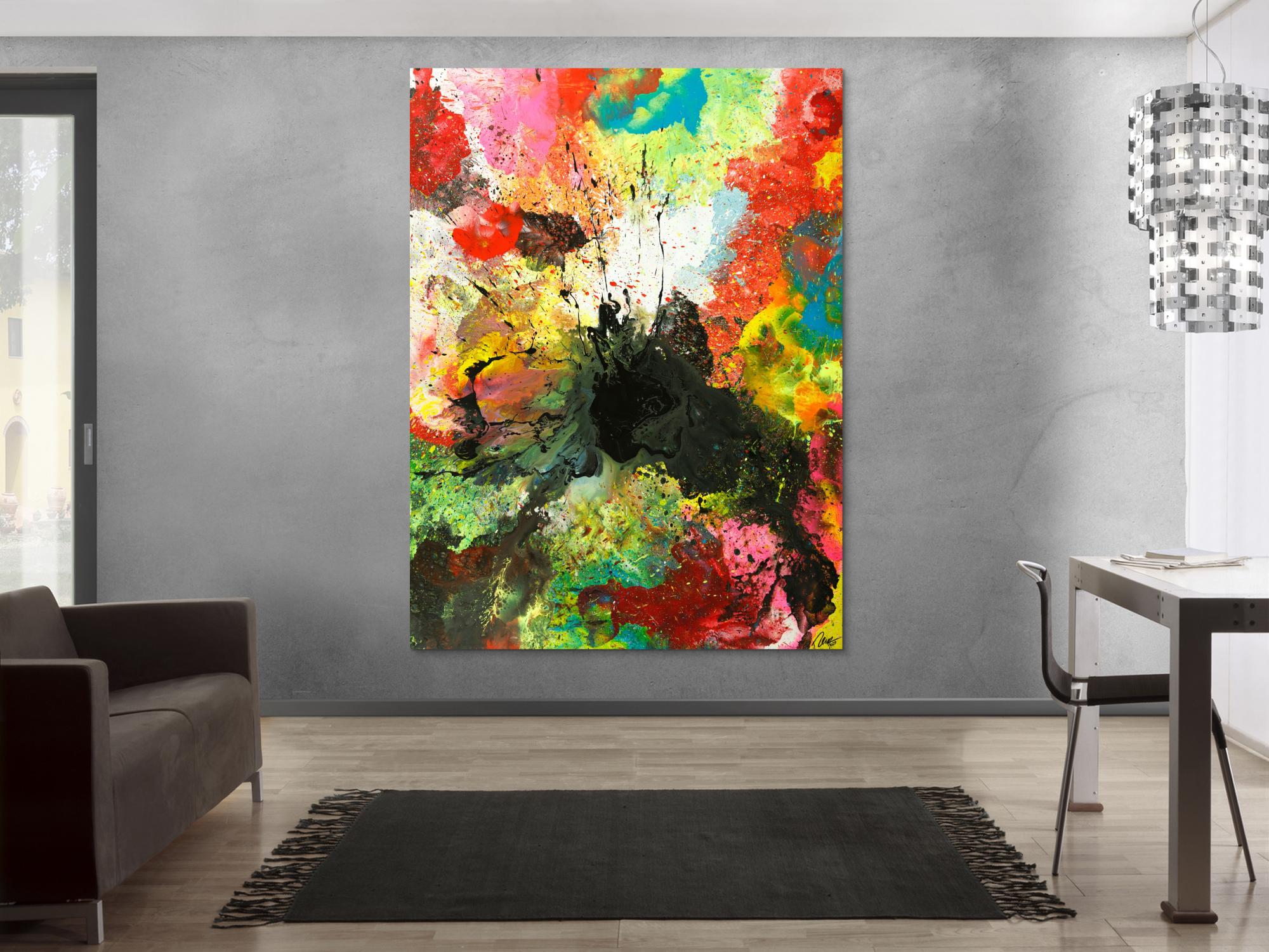 Original Gemälde abstrakt 200x150cm Action Painting zeitgenössisch handgemalt Mischtechnik schwarz bunt einzigartig