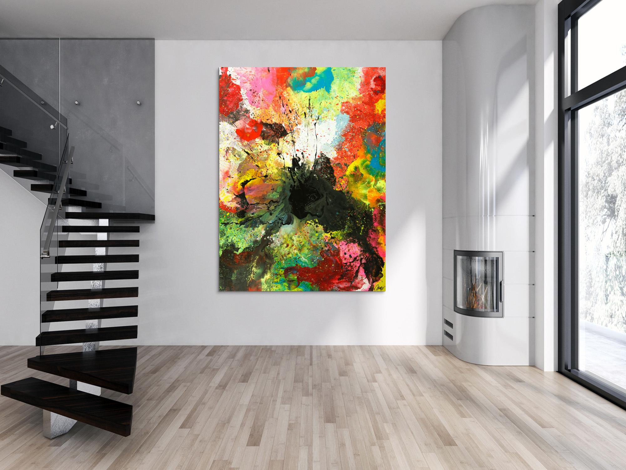 Original Gemälde abstrakt 200x150cm Action Painting zeitgenössisch handgemalt Mischtechnik schwarz bunt einzigartig