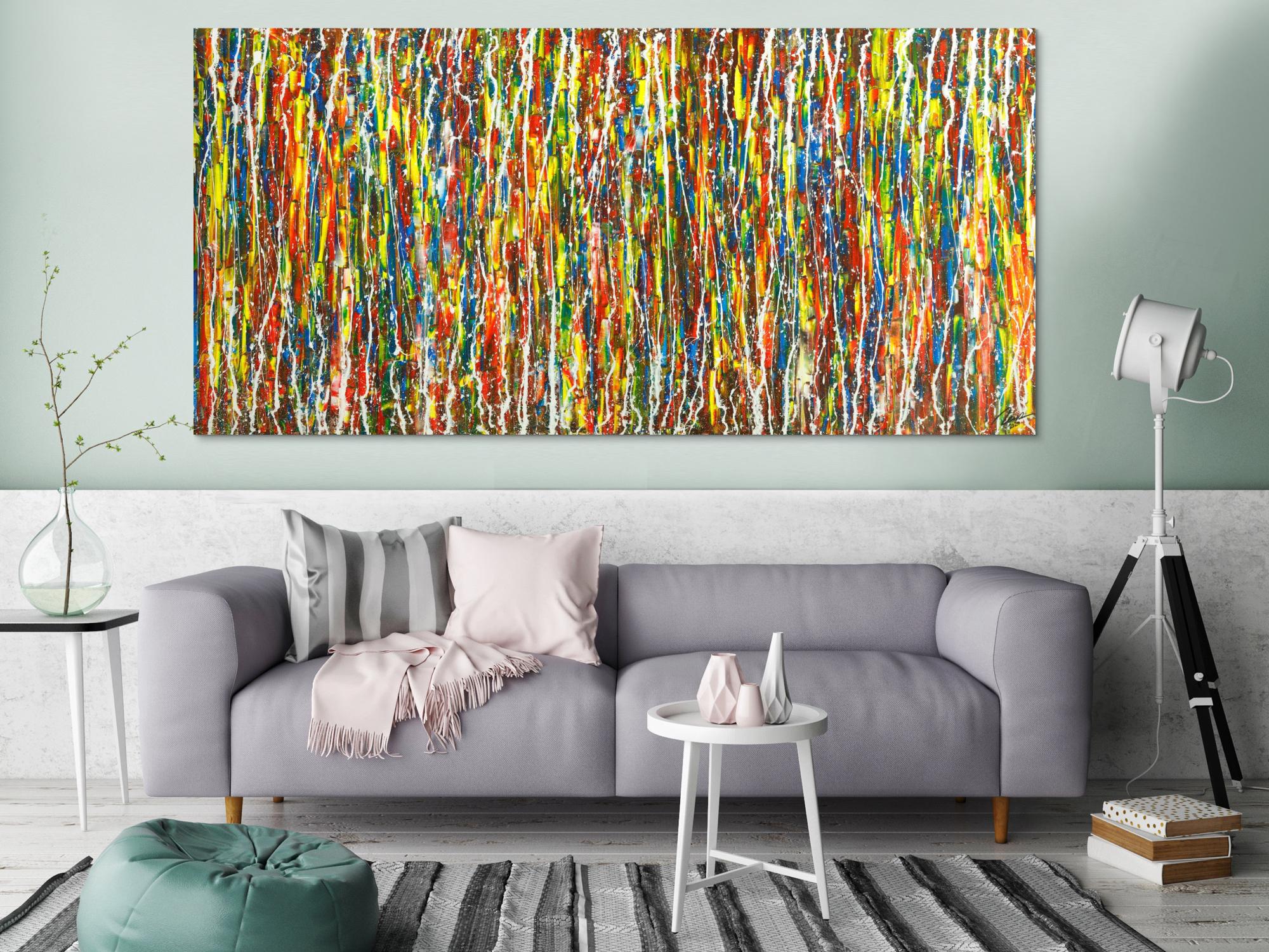 Abstraktes Original Gemälde 100x210cm Action Painting zeitgenössisch handgefertigt sehr bunt Unikat