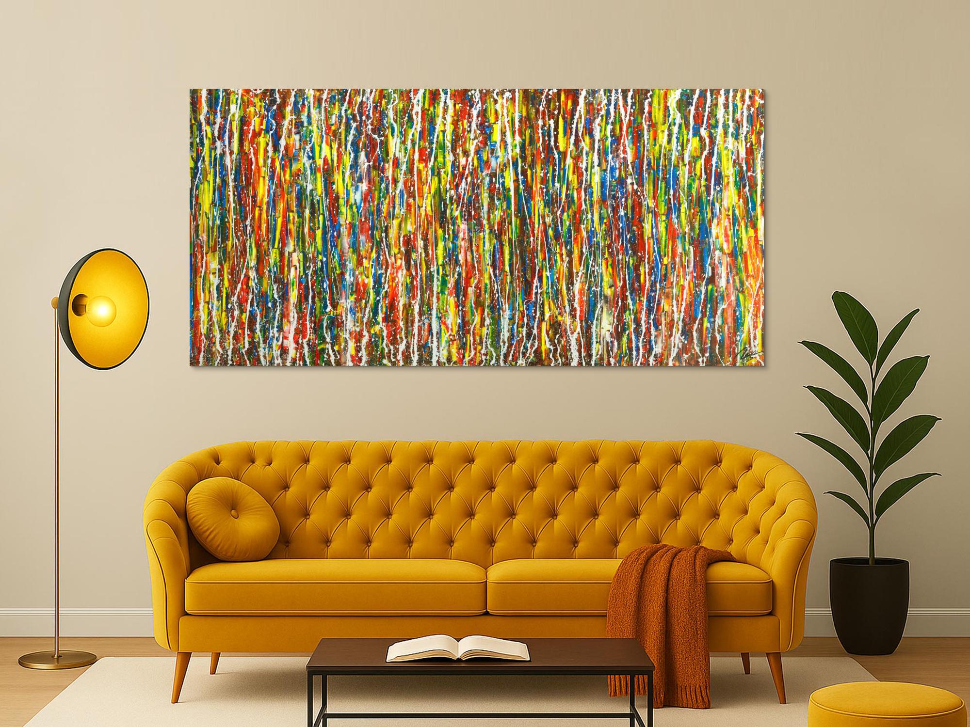 Abstraktes Original Gemälde 100x210cm Action Painting zeitgenössisch handgefertigt sehr bunt Unikat